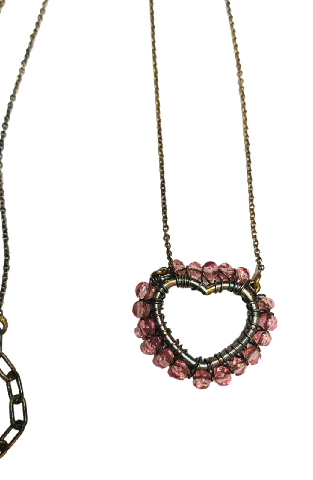Vintage Antique Gold Tone Wire Wrapped Pink Beads Heart Pendant Necklace 19.5”