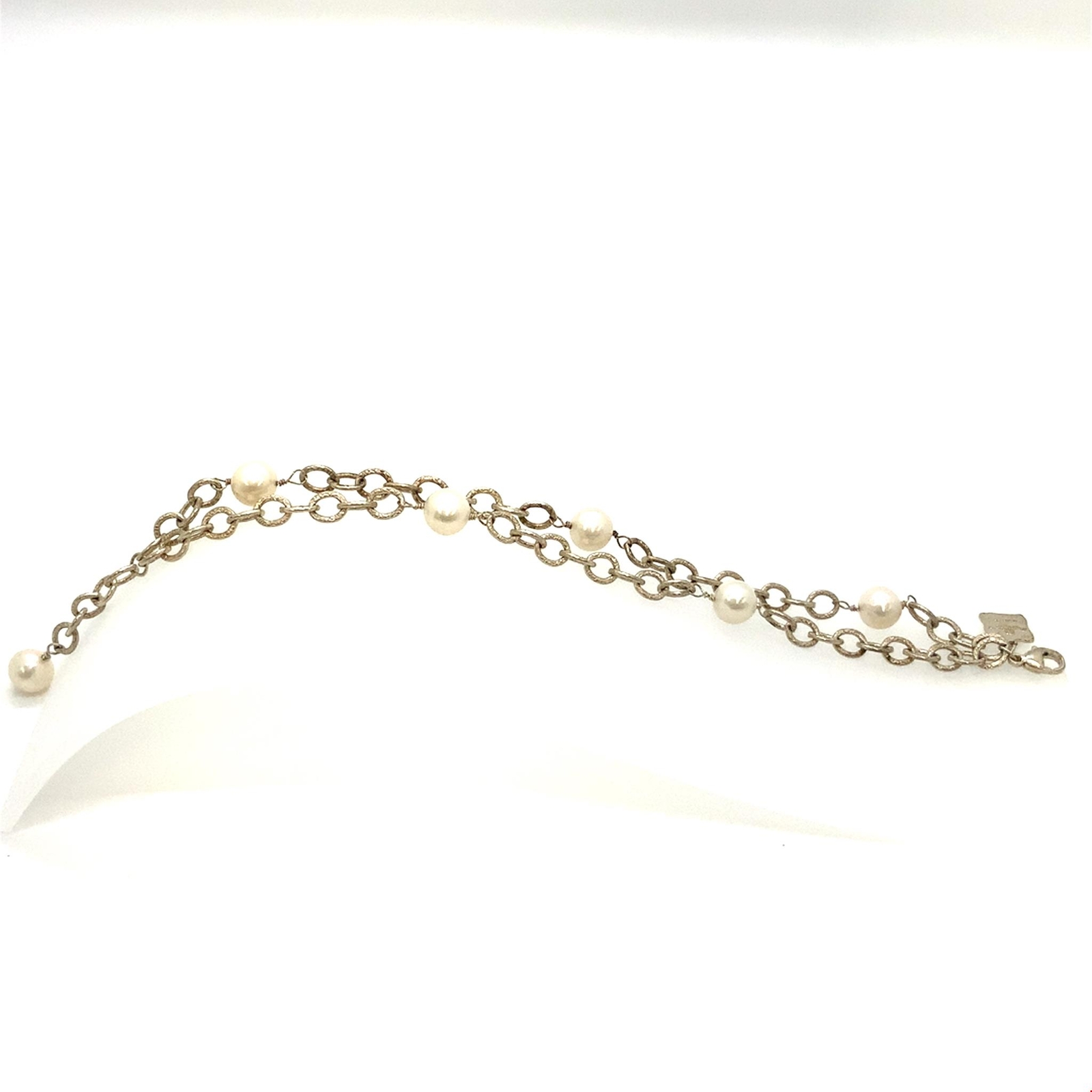 Vintage Signed Sterling Pearl Link Rolo Double Chain Designer Bracelet sz 7 3/4