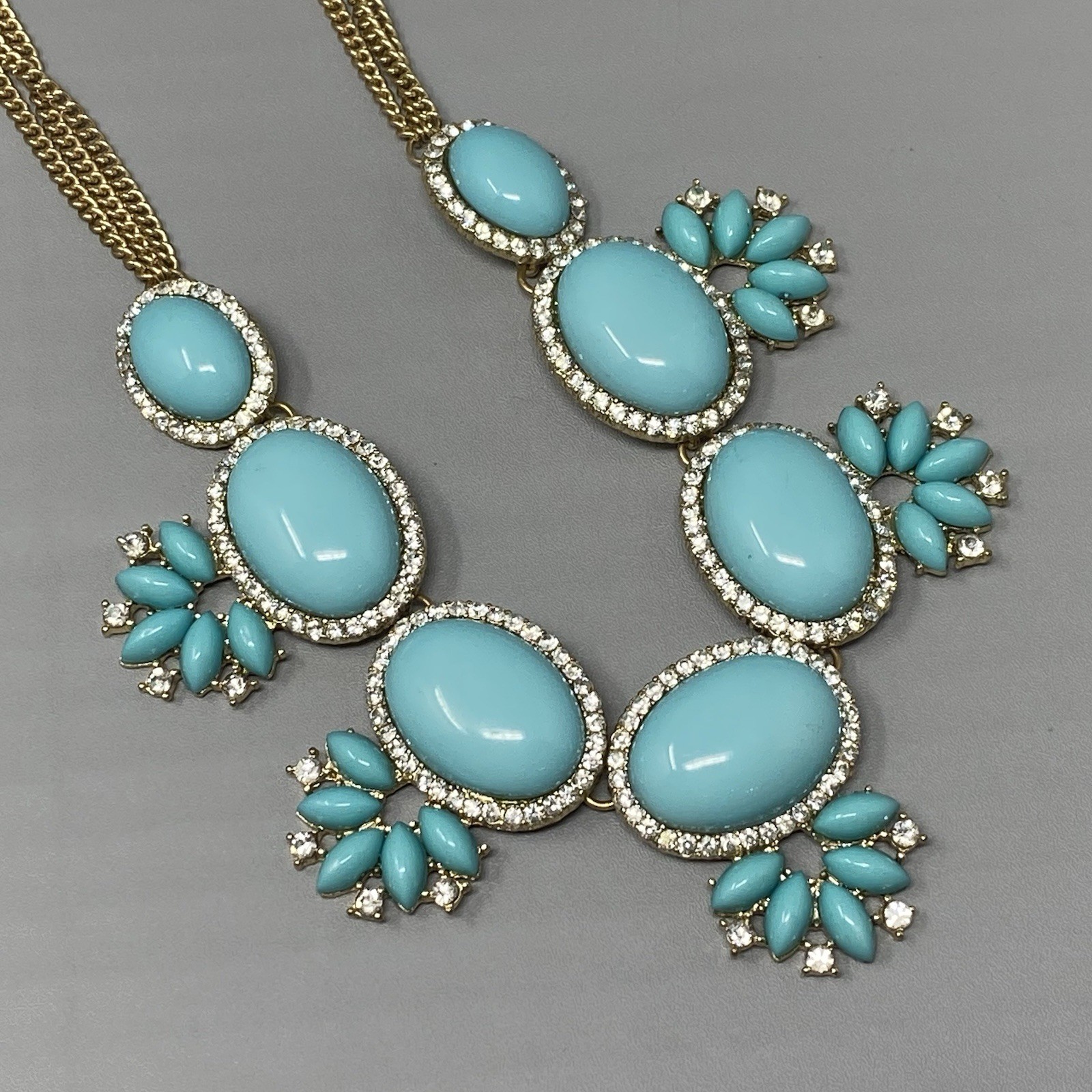 Chunky Statement Necklace Turquoise Cabochons Gold Tone Double Chain Collar 21″