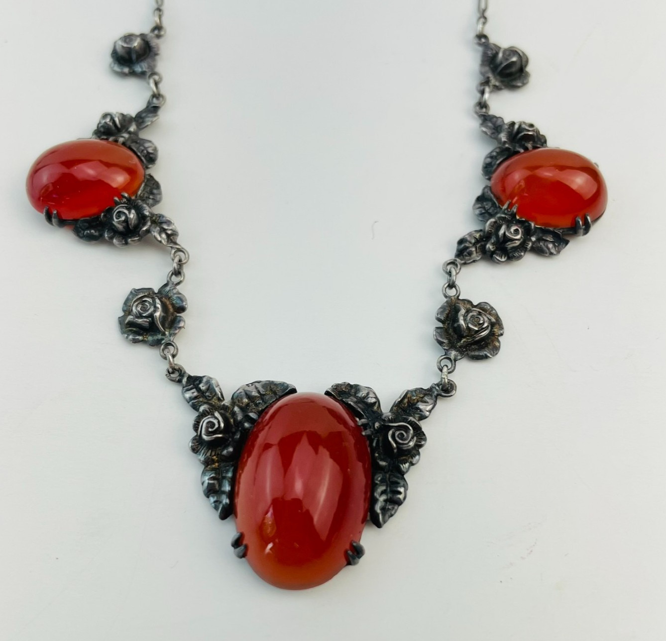 Art Deco Wachenheimer Sterling Silver Carnelian Festoon Choker Pendant Necklace
