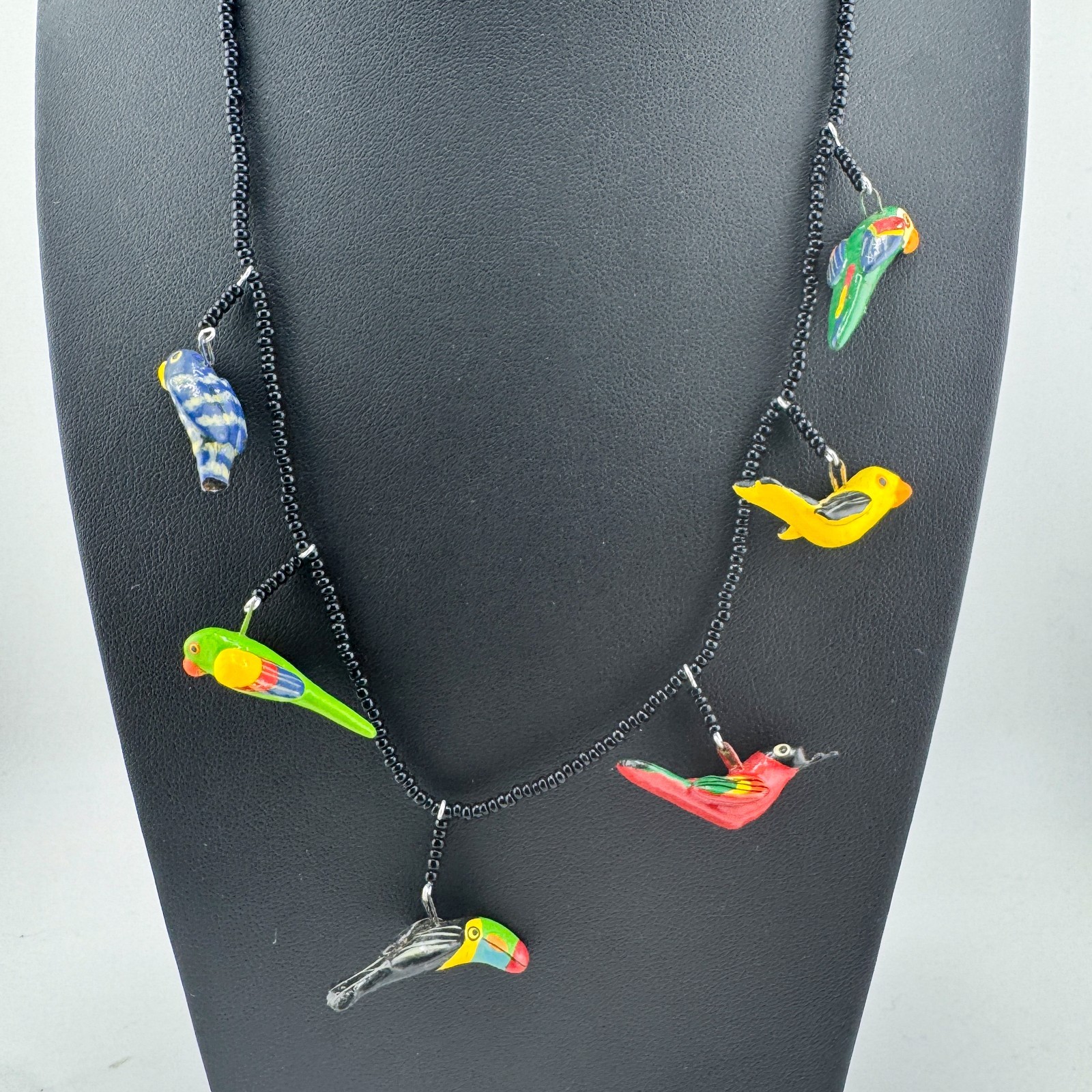 Vintage UPAVIM Guatemala Ceramic Bird Necklace Hand Painted Folk Art Fair Trade