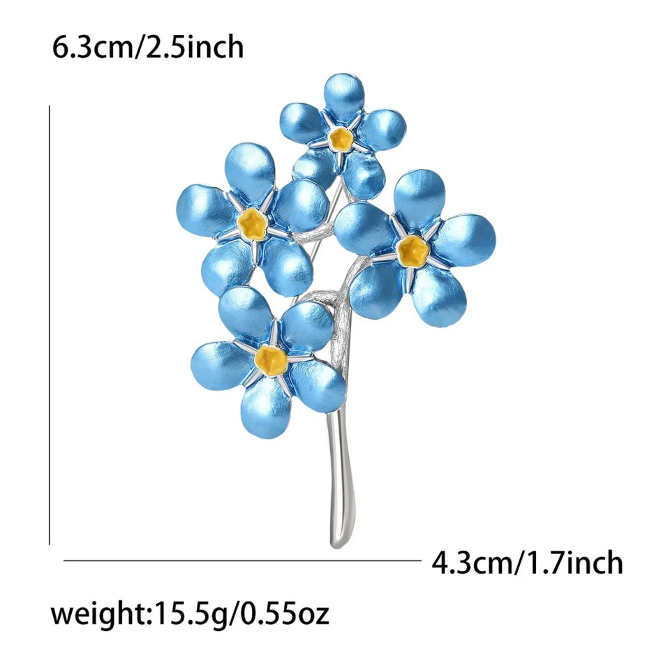 Vintage Enamel Forget Me Not Flower Brooch Blue Bouquet Pin Silver Jewelry Gift