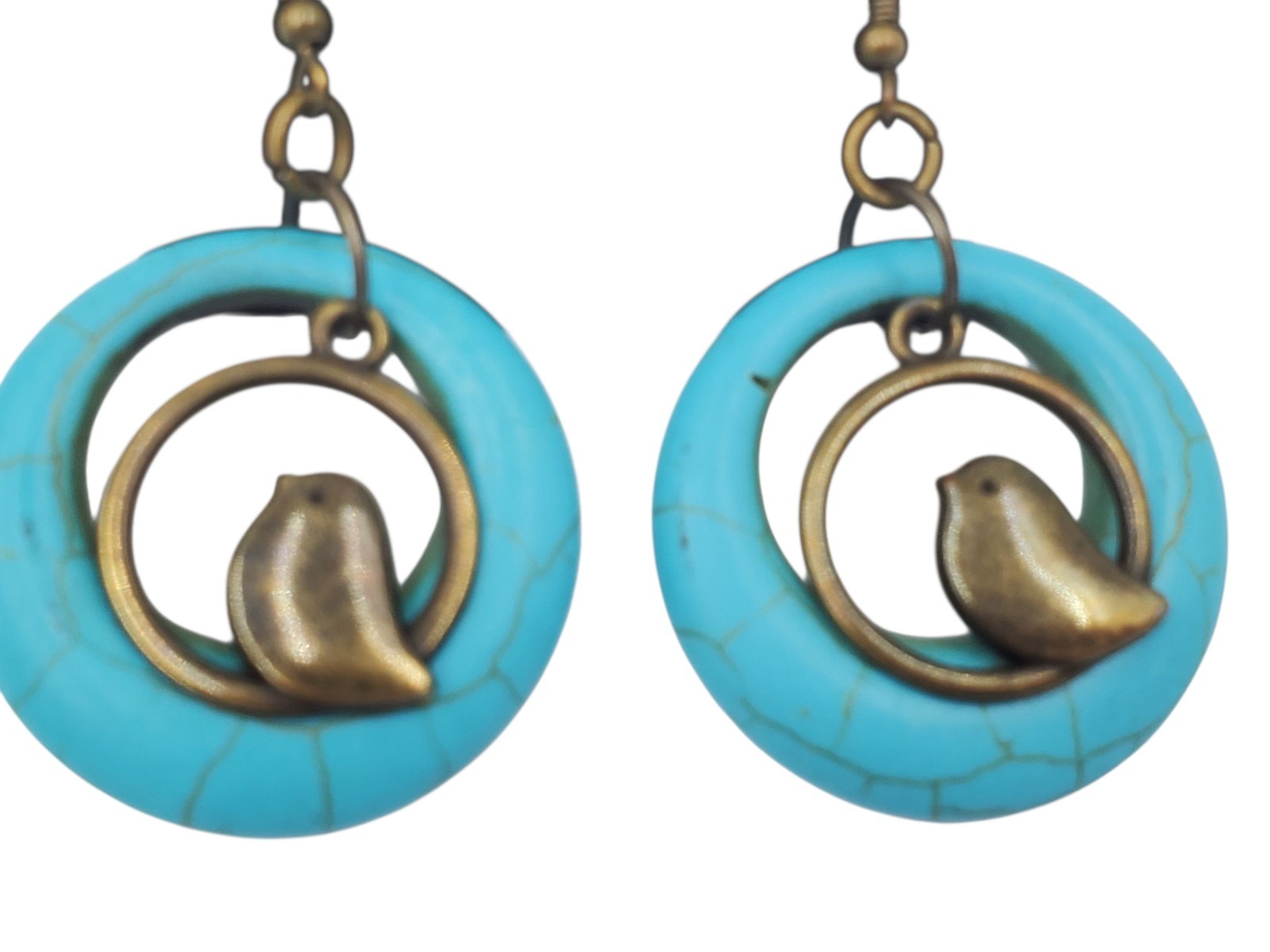 Vintage Brass and Blue Dyed Howlite Circles Dangle Bird Hook Pierced Earrings