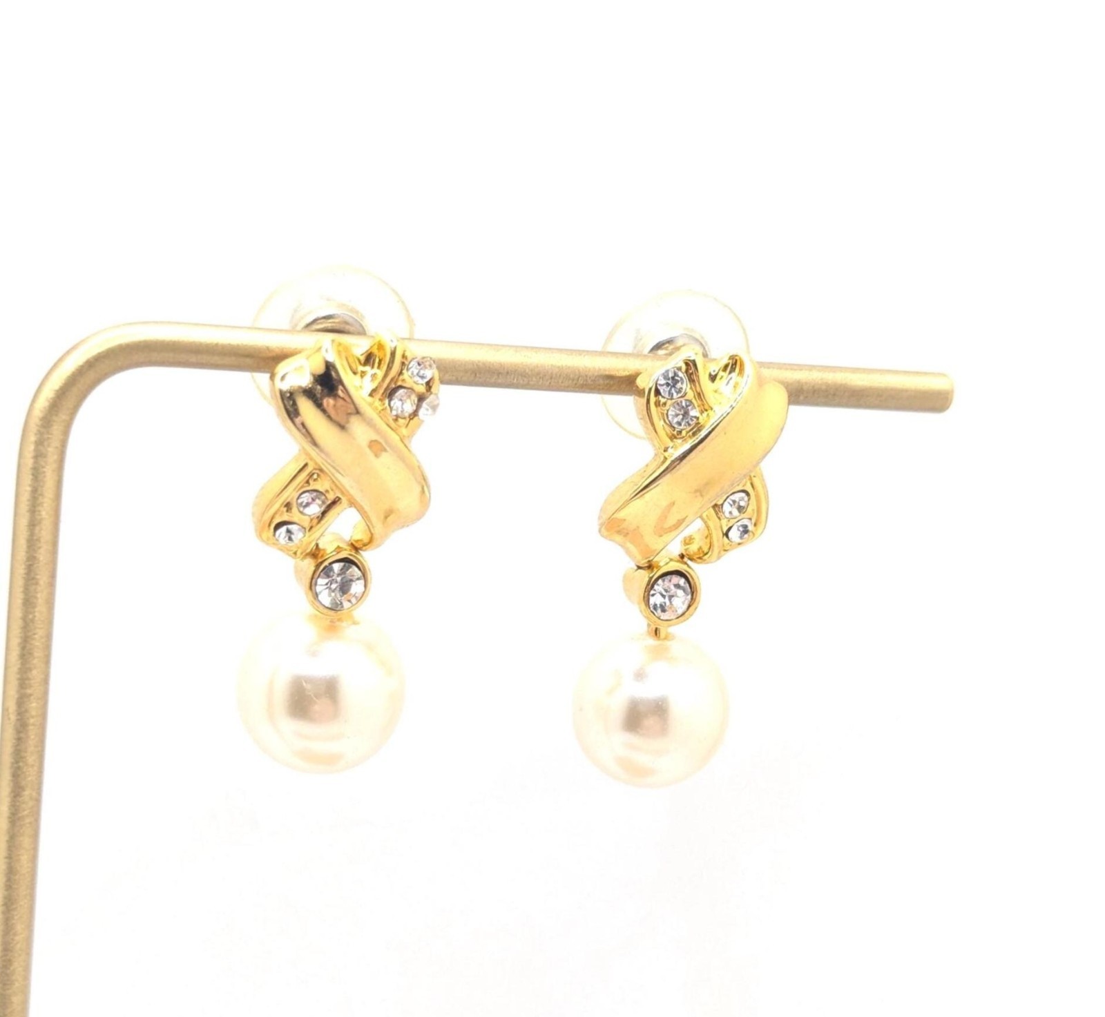 Vintage Drop Dangle Gold Tone Earrings Faux Pearl X Modernist Abstract Classic