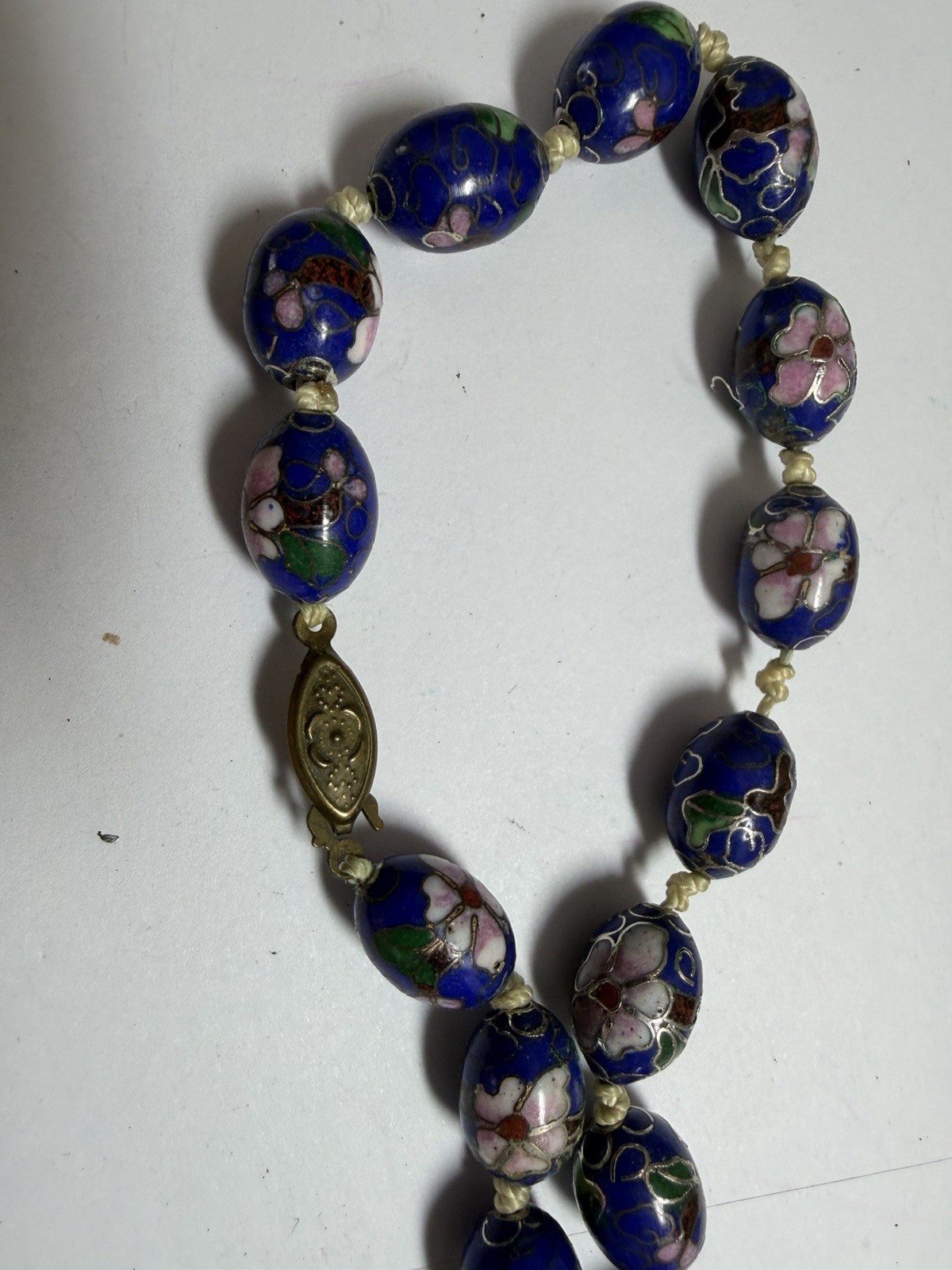 Vintage Chinese Export Cobalt Blue Cloisonne Enamel Hand Knotted Bead Necklace