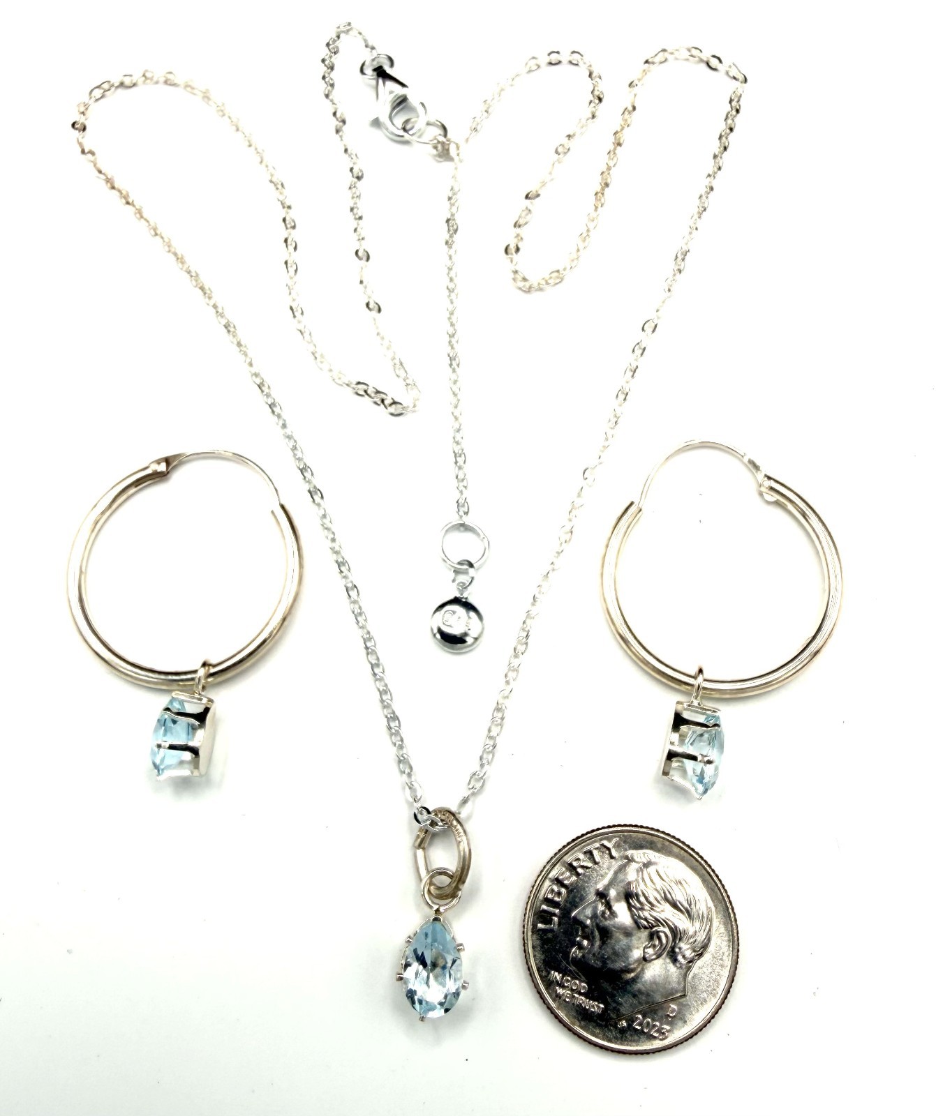 Vintage Sterling Silver Blue Topaz Hoop Earrings & Pendant Set w Kit Heath Chain