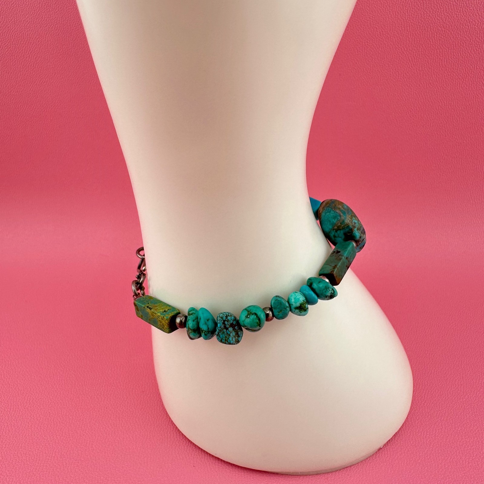 Vintage Turquoise Bead Sterling Silver Bracelet Blue Green South Western 6.25″