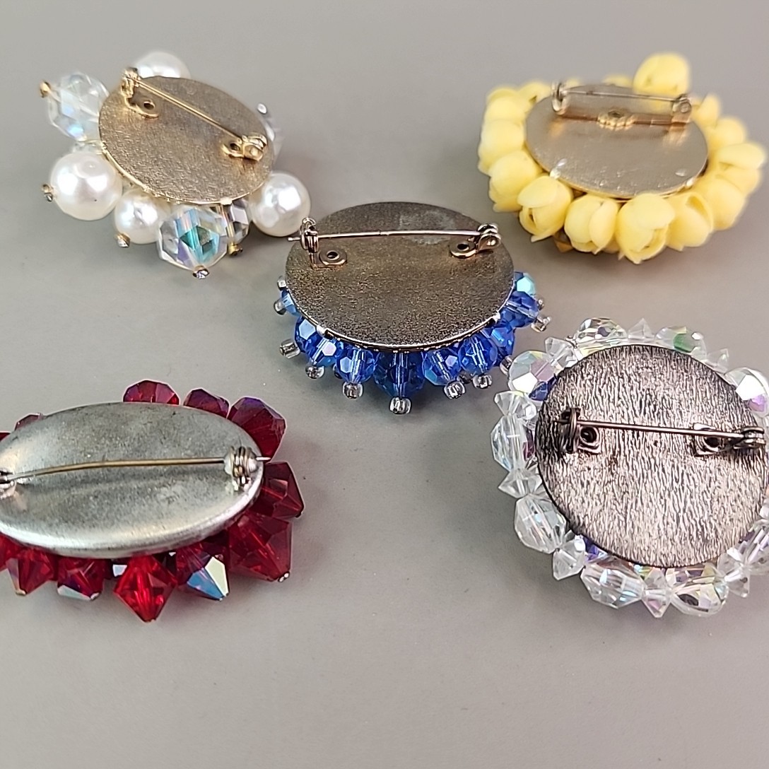 Vintage Cluster Brooch Lot of 5 AB Glass Blue Red Yellow Plastic