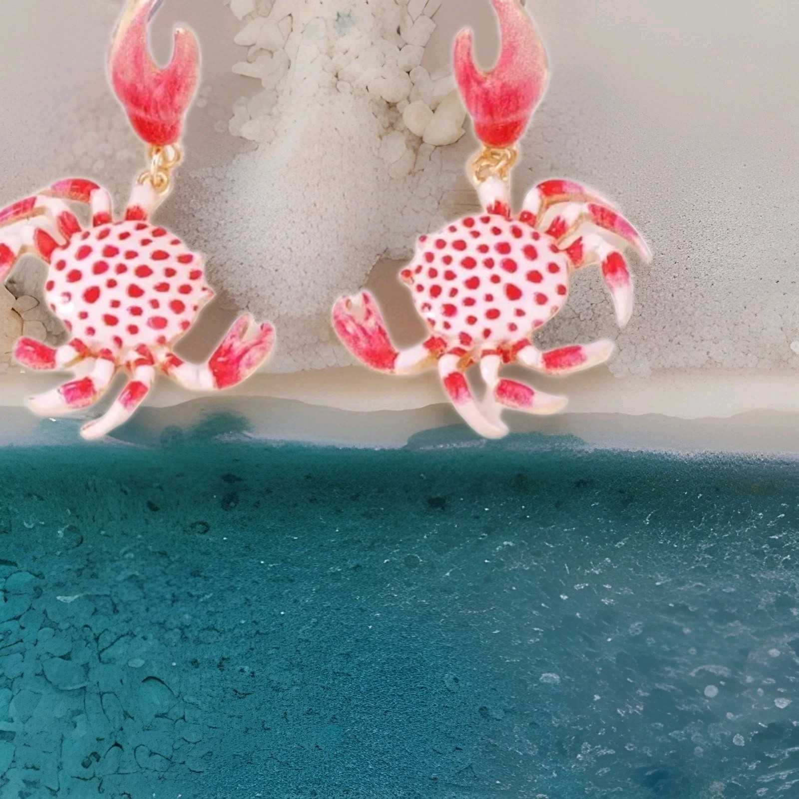 Enamel Red&white Drip Painted Crab Earrings Dangle, Goldtone