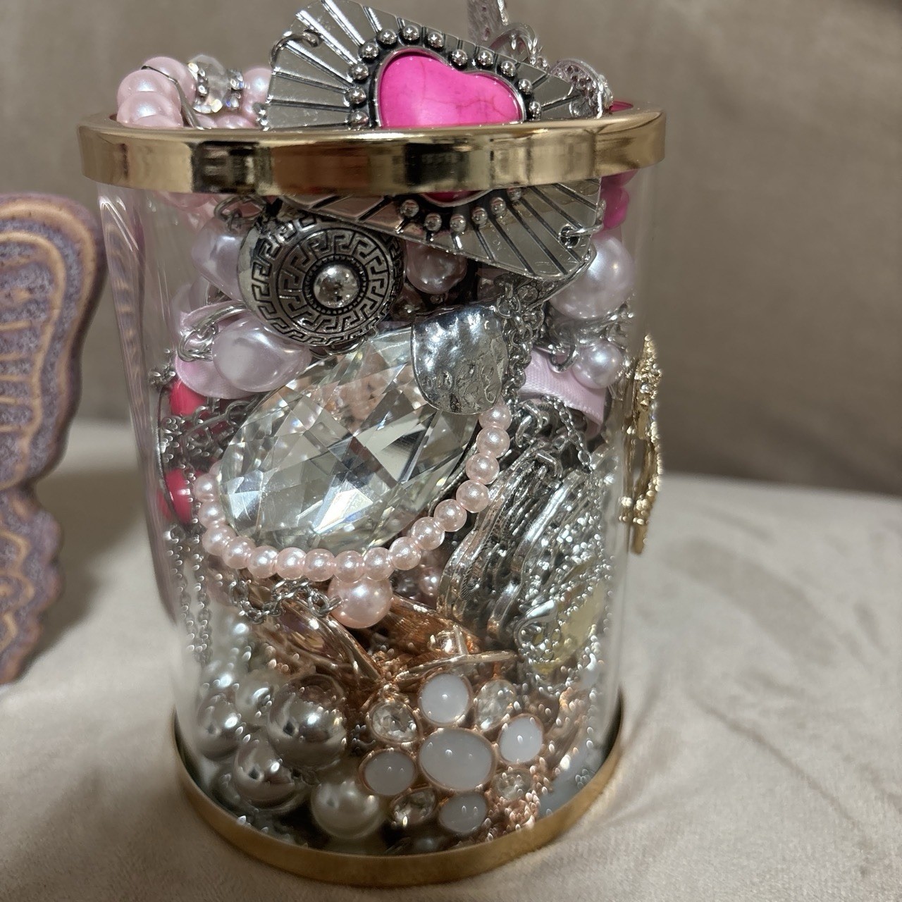 Mystery Jewelry Jar ;50 Pieces In Butterfly Jar Purple Pink White Silver & Gold
