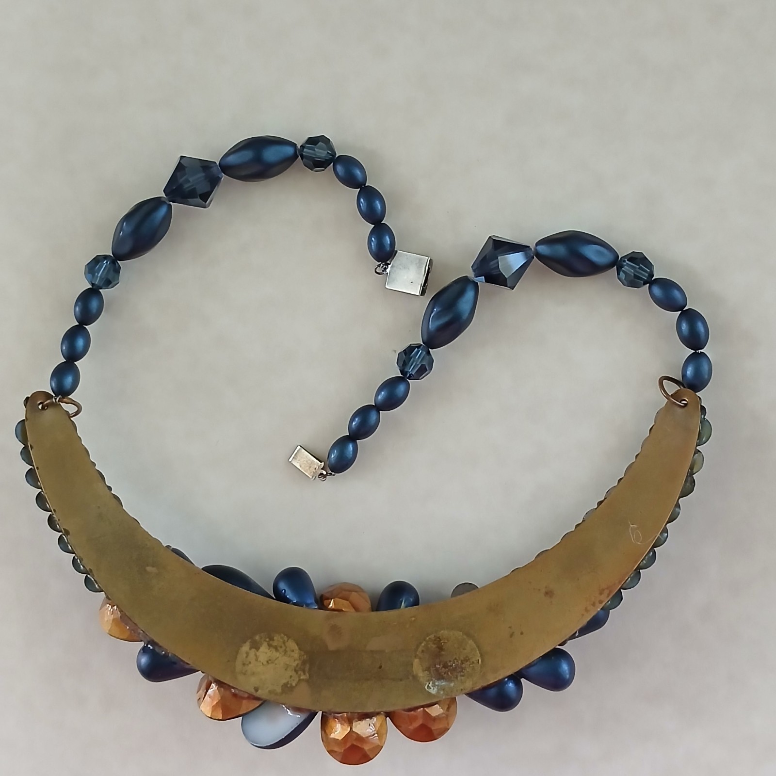 Vintage Blue Glass, Acrylic & Iridescent Floral Motif Necklace Sterling Clasp
