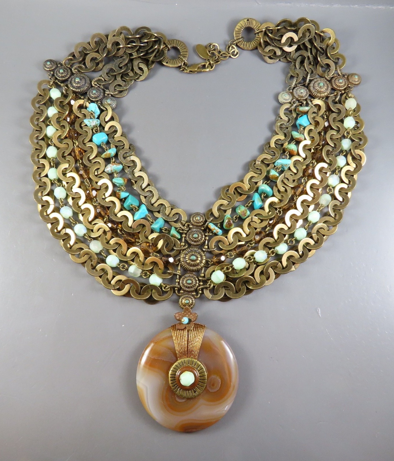 VTG Satellite Beaded Necklace BRONZE TONE Turquoise AGATE PENDANT Blue Brown