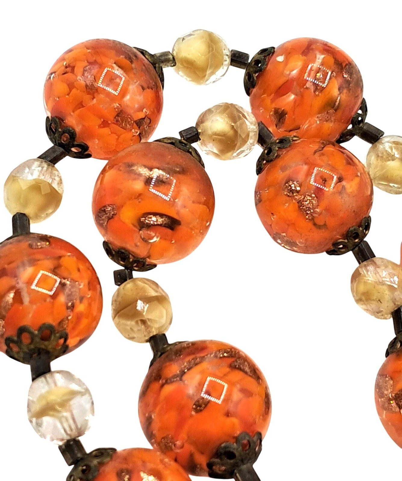 Vintage Murano Glass Necklace Orange Gold Givre Clear Cream Beaded Single Strand