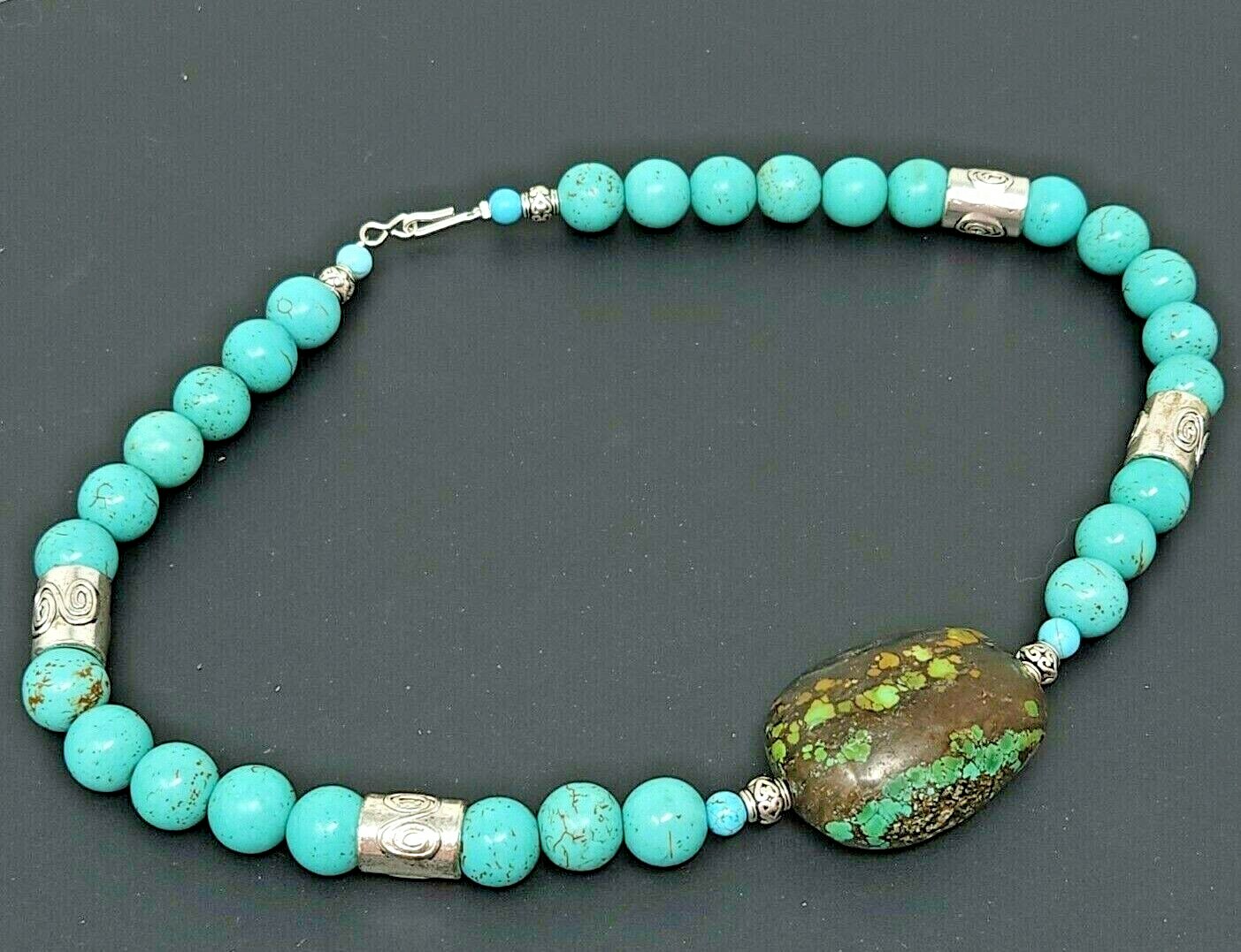 Vintage South Western Silver Turquoise Beaded Necklace 18″