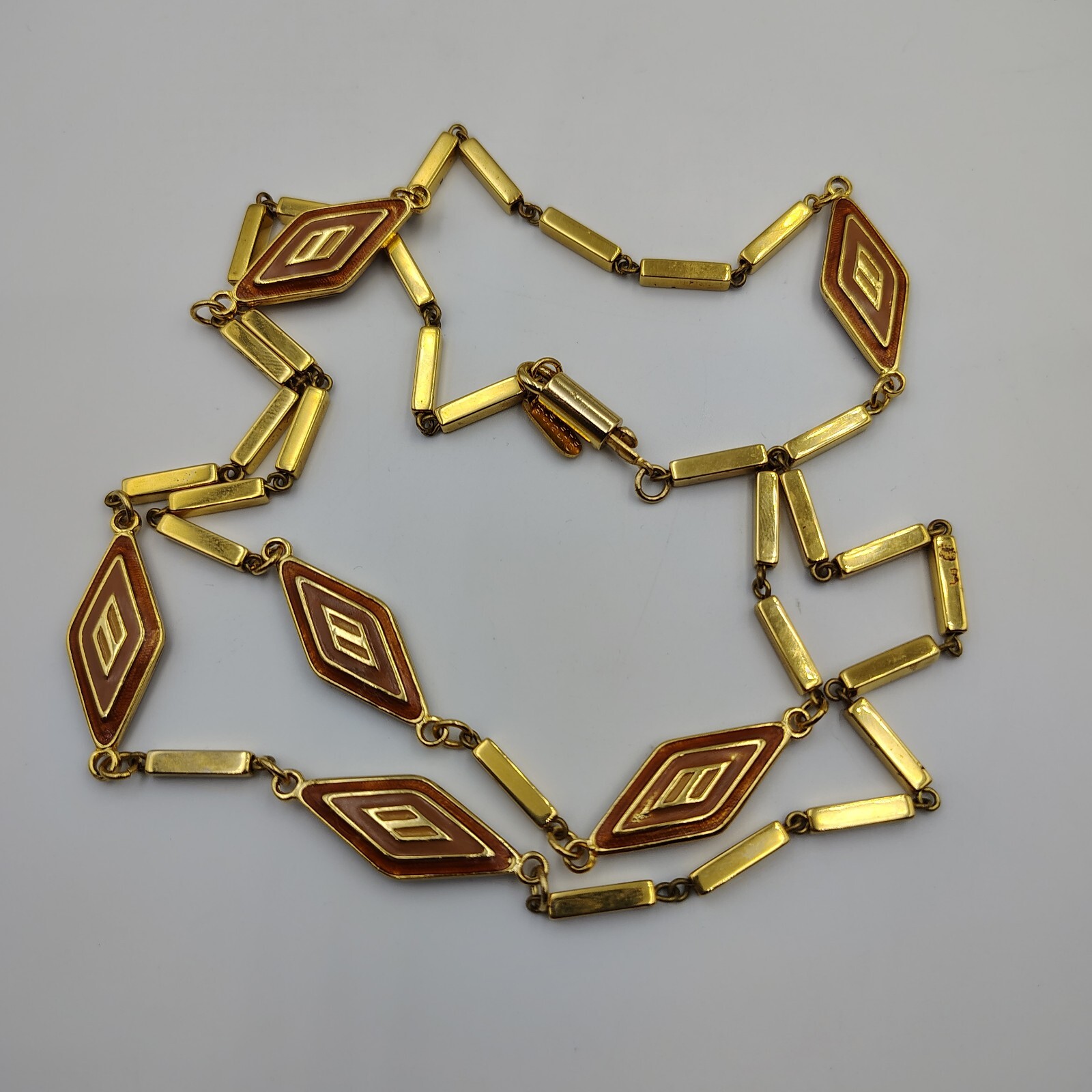 Vintage Orena Paris Gold Tone Enamoring Geometric Station Long Necklace