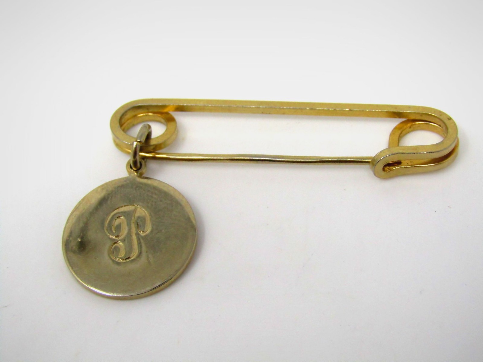 Vintage Letter P Initial Monogram Charm Gold Tone Safety Pin Brooch Collar Pin