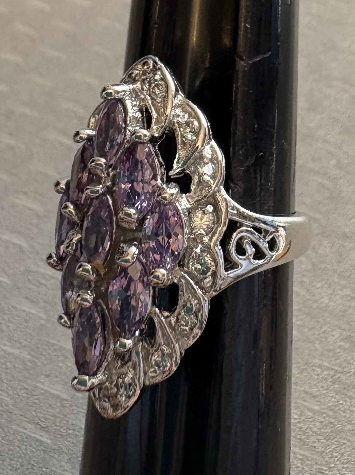 Vintage Sterling Silver Lavender Amethyst Marquise Gem Cluster Ring 925 size 6.5