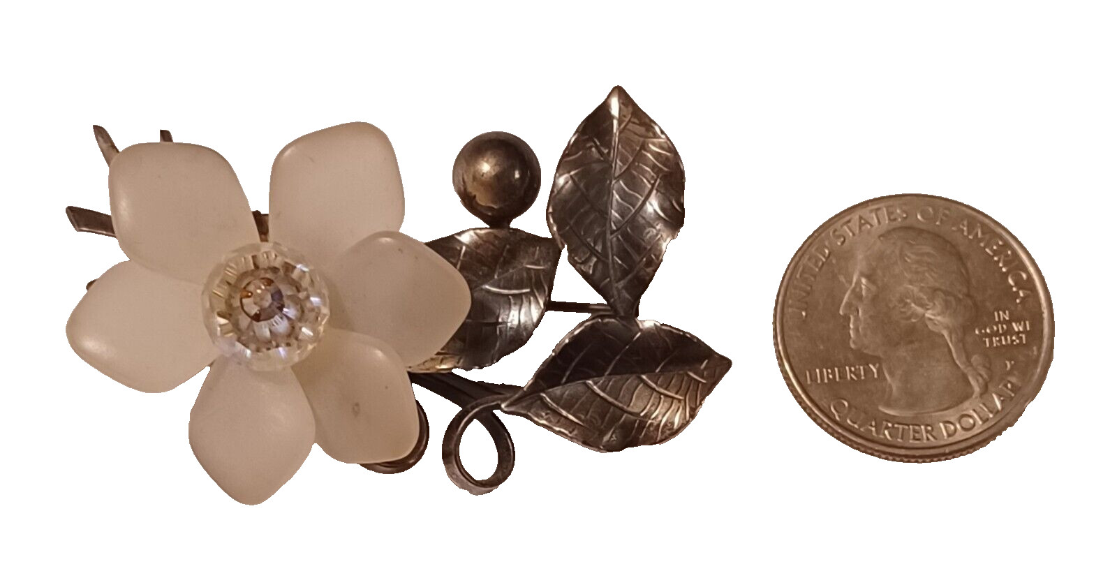 Vintage Frosted Lucite Flower Brooch Pin Crystal Stone Center Pewter Tone Metal