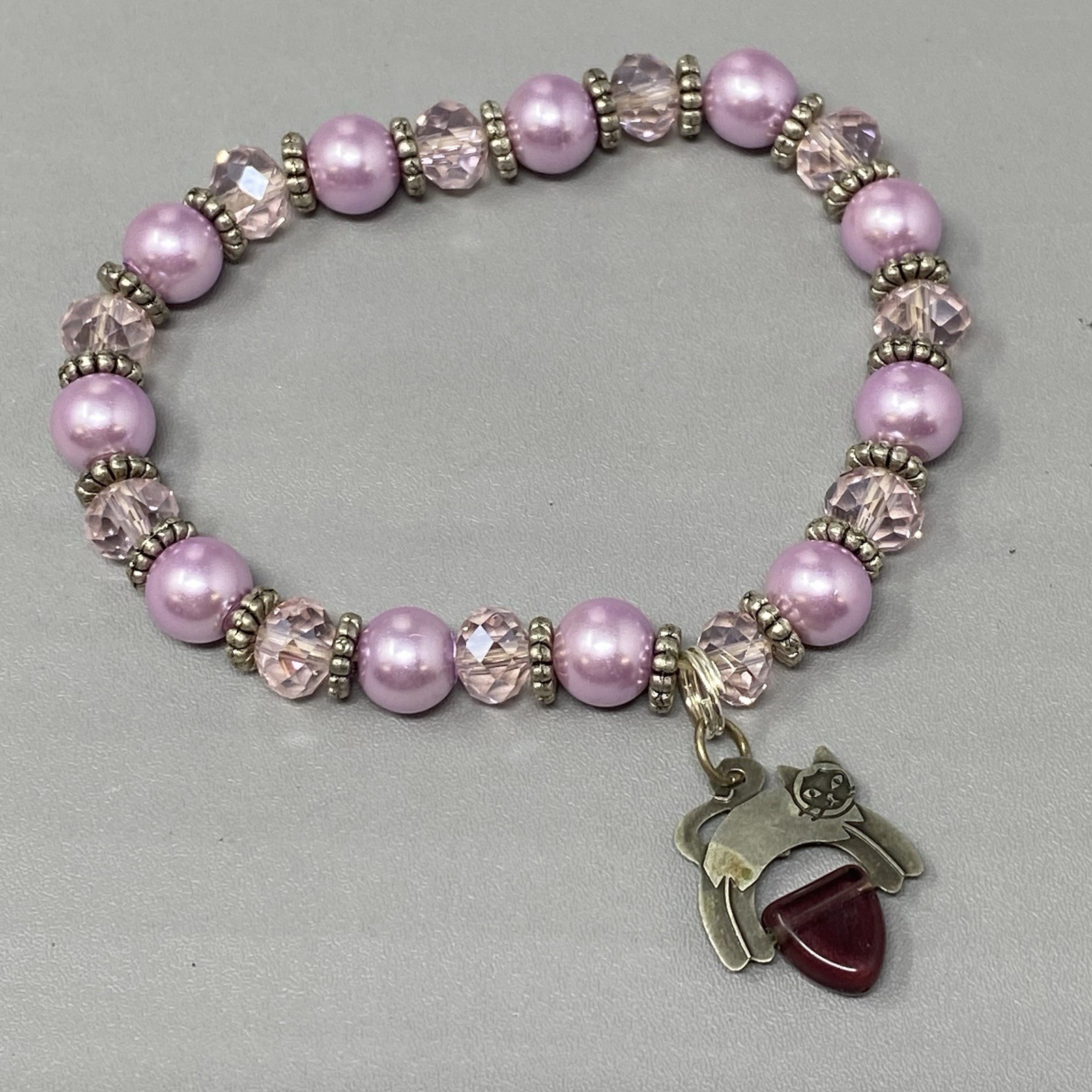 Purple Glass Bead Bracelet Sterling Silver Cat Dangle Charm Faceted Stretch 6.75
