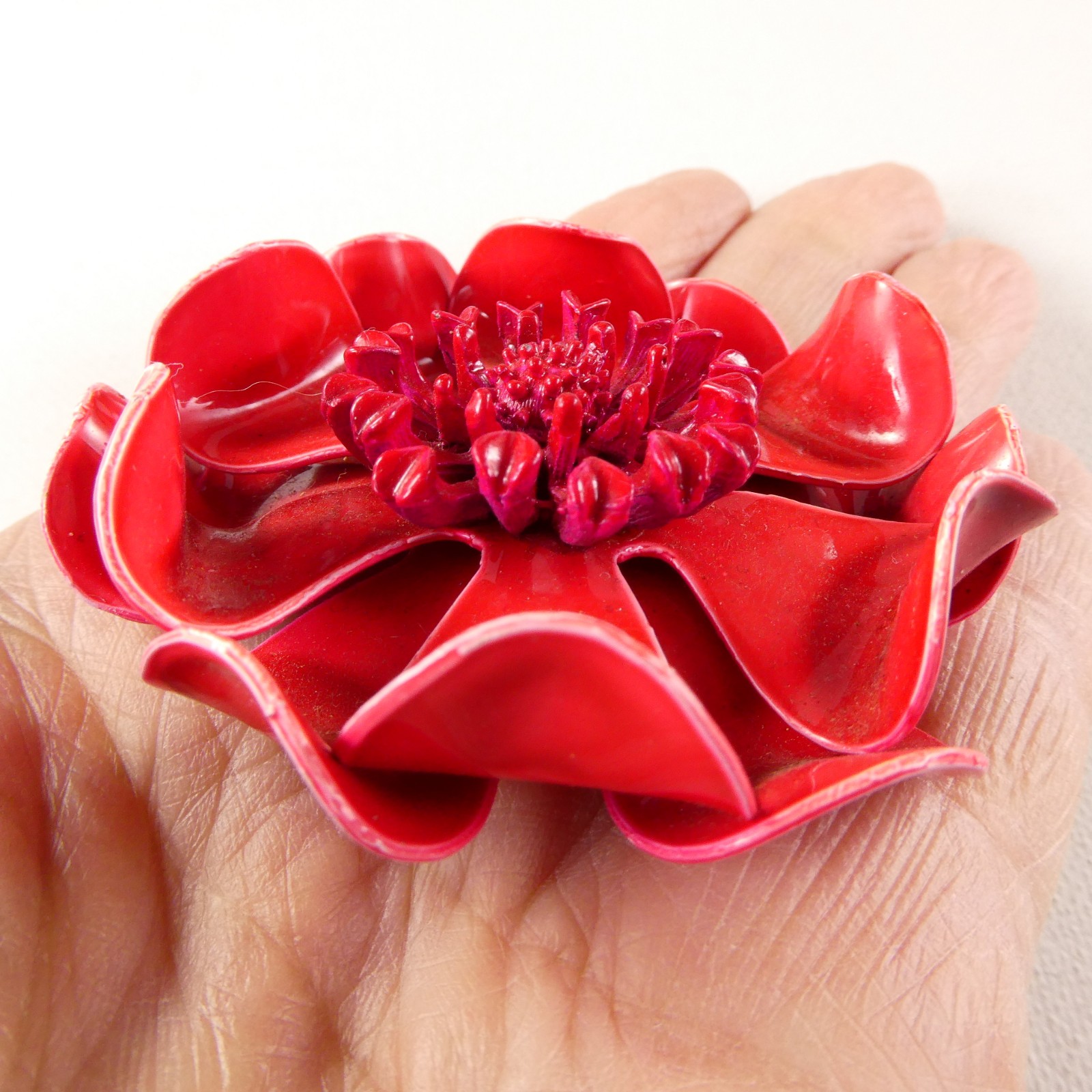 Vintage RED Metal Enamel Flower Pin Brooch Raised Petals Double Layered Retro