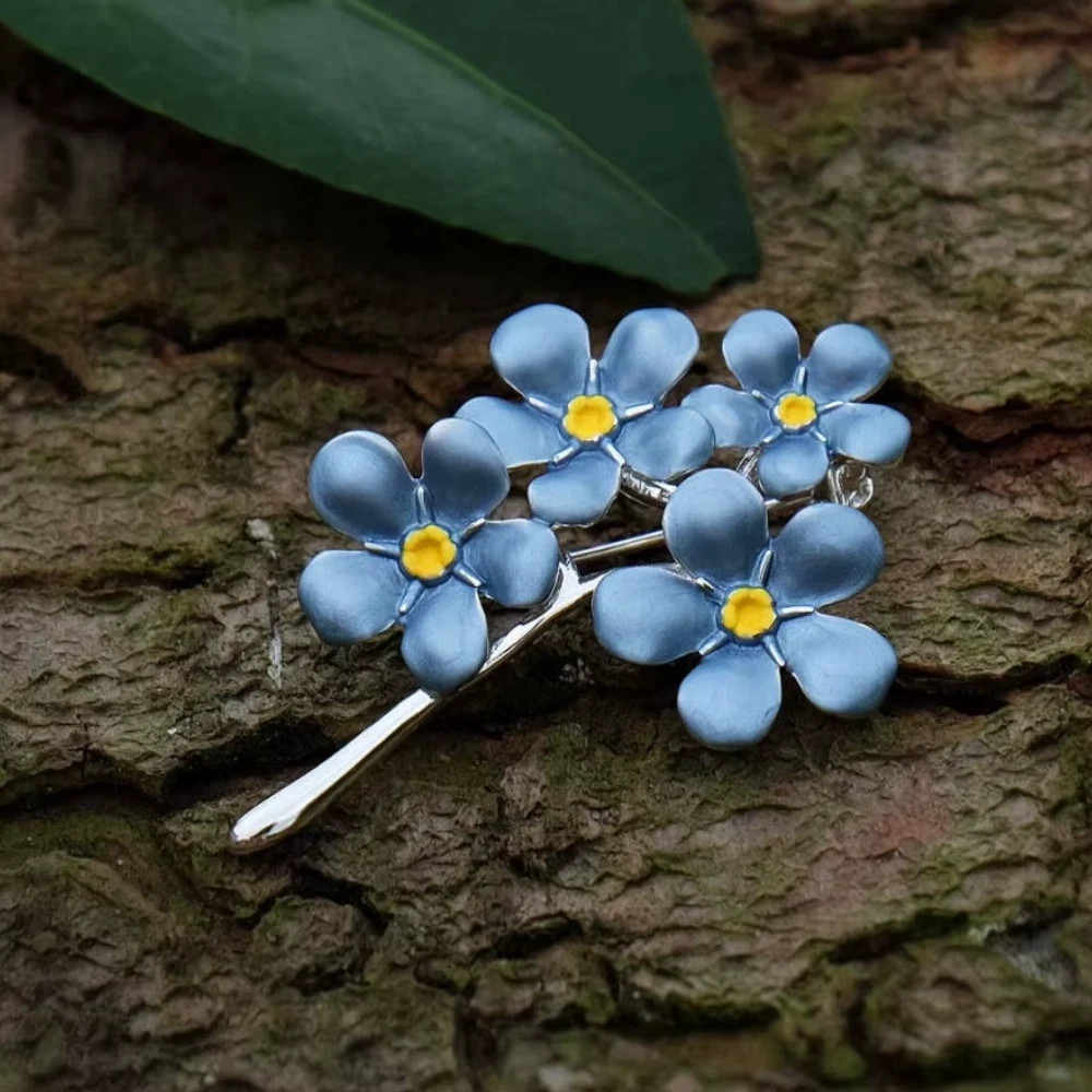 Vintage Enamel Forget Me Not Flower Brooch Blue Bouquet Pin Silver Jewelry Gift