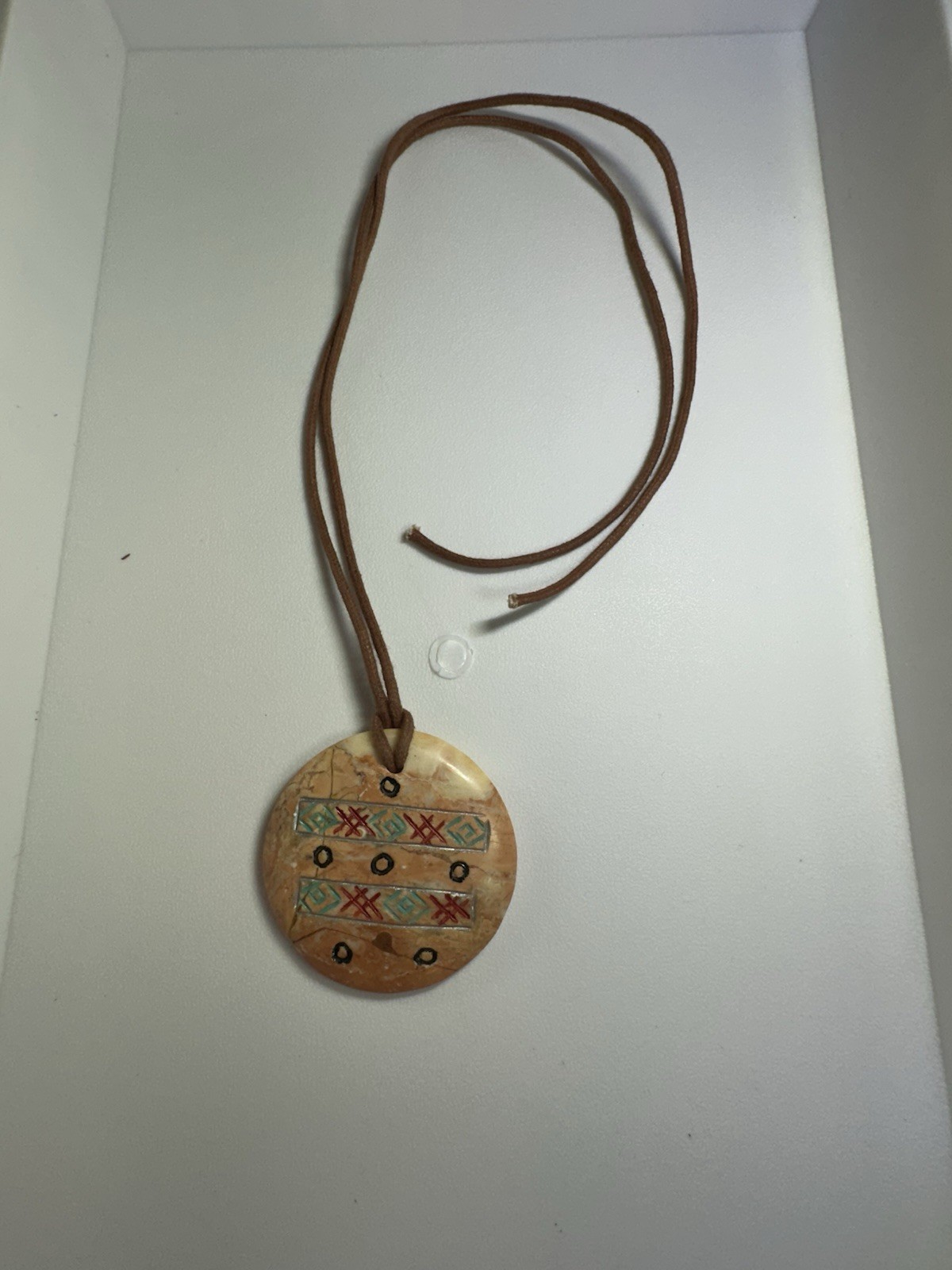New Brown/Tan Natural Stone Pendant Hand Carved Painted On Leather Cord 26”
