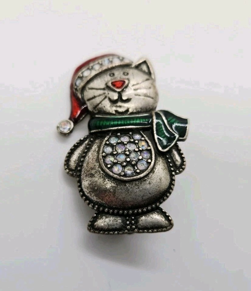 Christmas Cat Brooch Signed TC Vintage Pewter Finish Enamel Crystal Kitty Pin