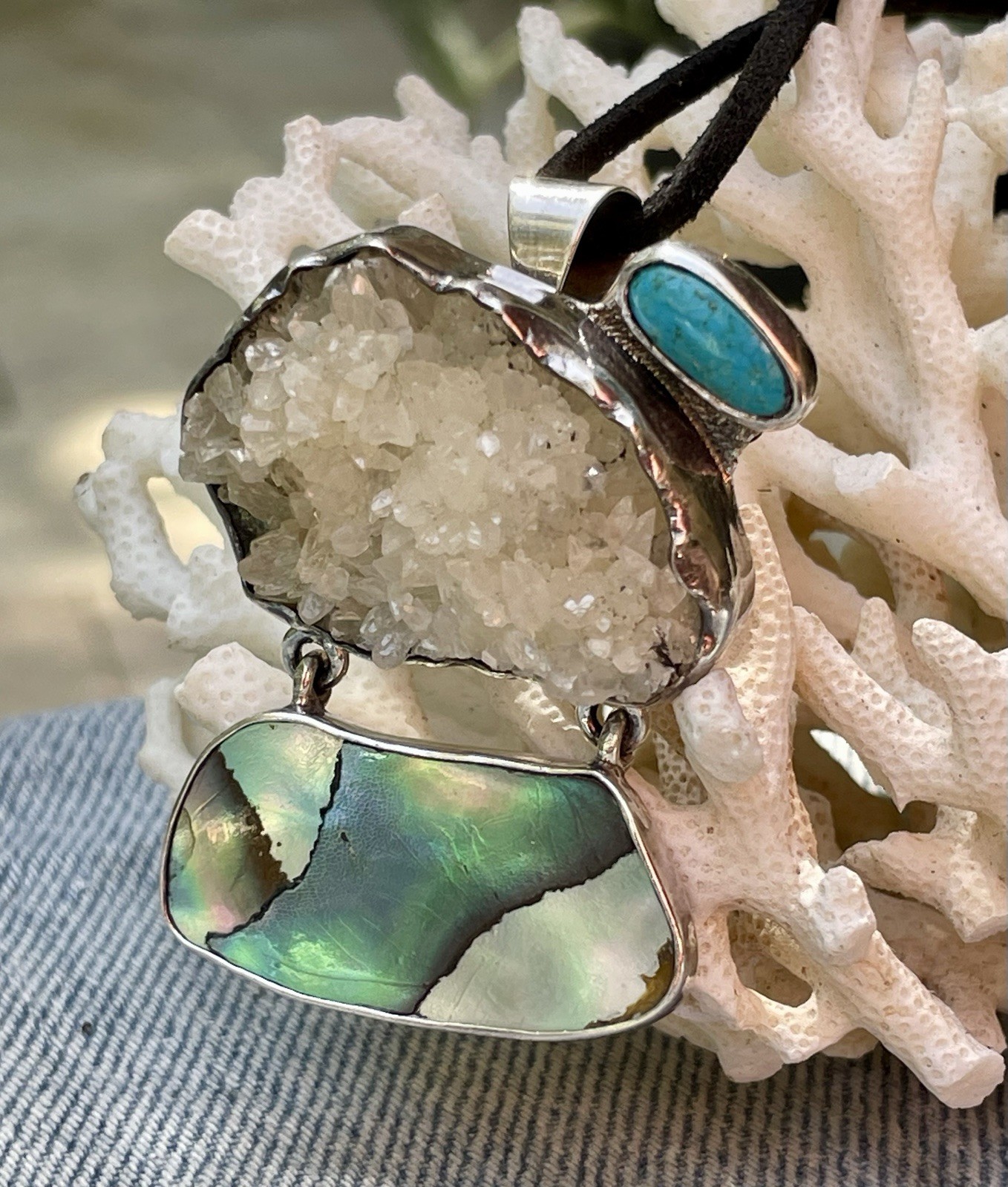 🎥Rock Crystal Rainbow Abalone Turquoise 2″ Pendant Brooch Mex Sterling Silver