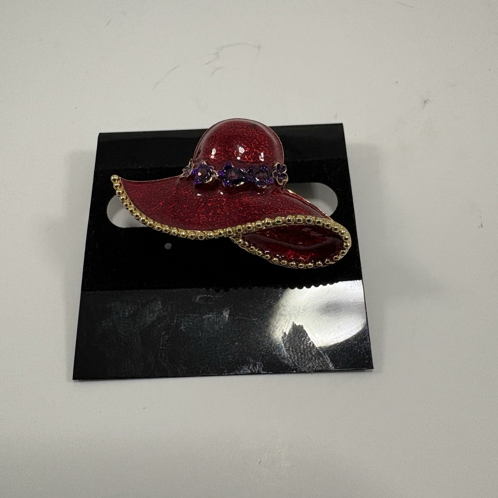 Vintage Hat Brooch Red Enamel Gold-Tone Metal Purple Rhinestone Classy Jewelry