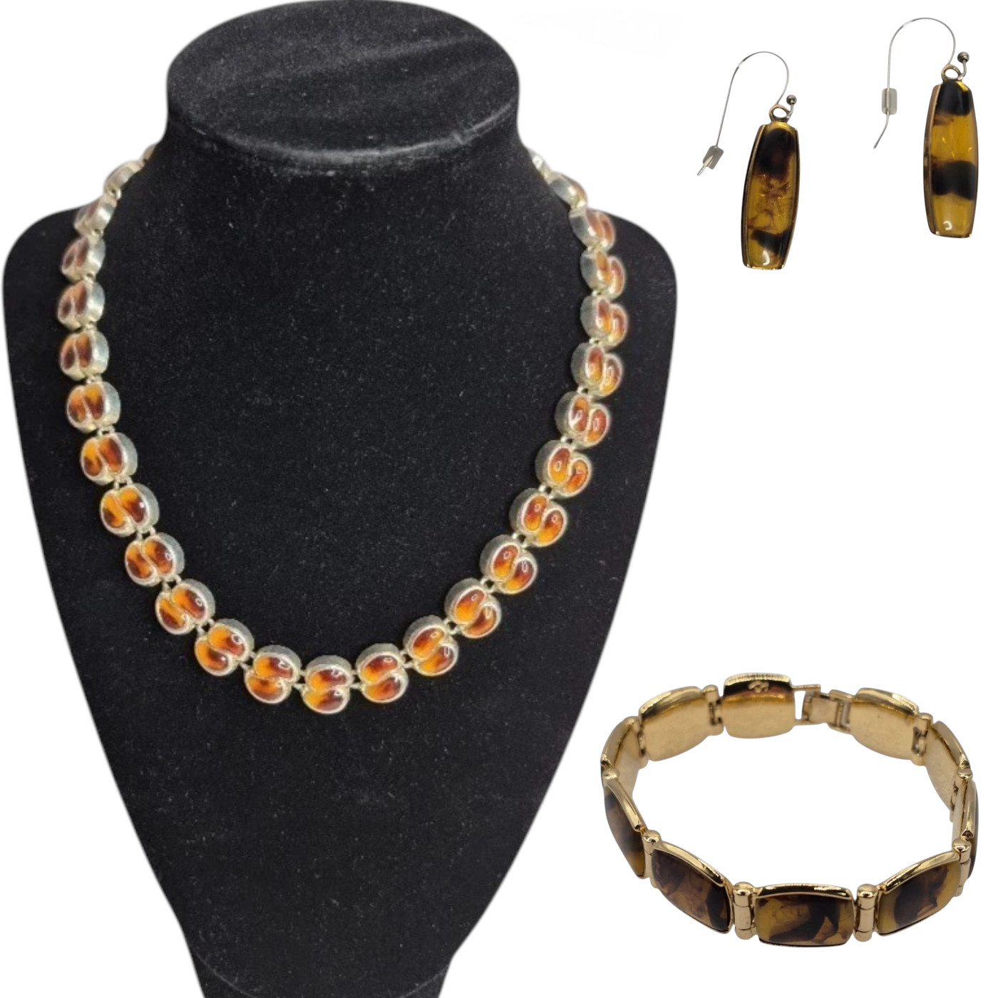 VTG 3pc Necklace, Bracelet & Earrings Liz Claiborne Faux Amber Resin Japan New