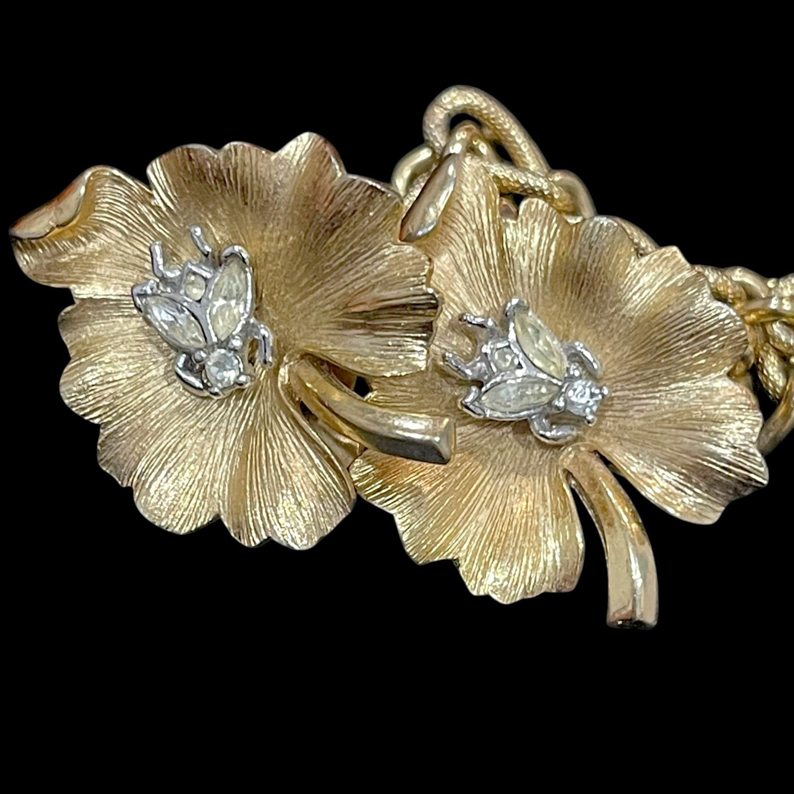 Crown Trifari Convertible Dress Clips or Earrings Leaf Rhinestone Insect Fly Vtg