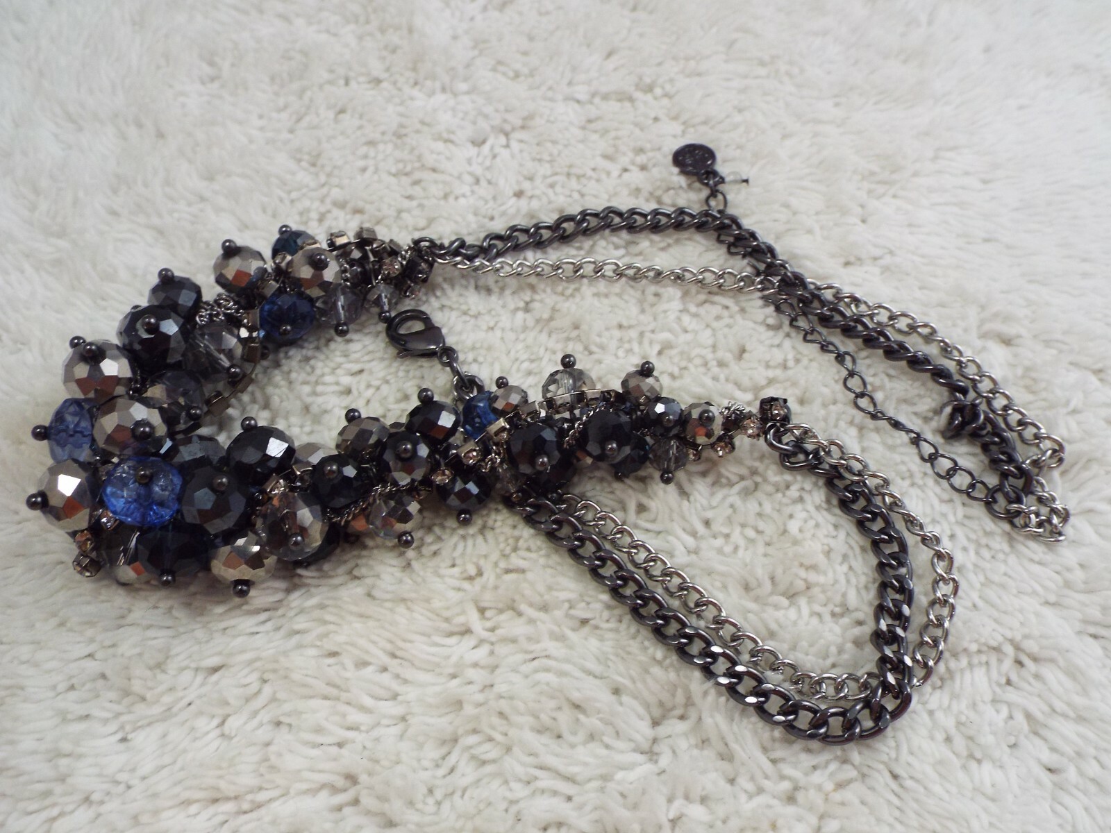 Silvertone Gunmetal Blue & Metallic Gray Black Crystal Bead Necklace (A72)
