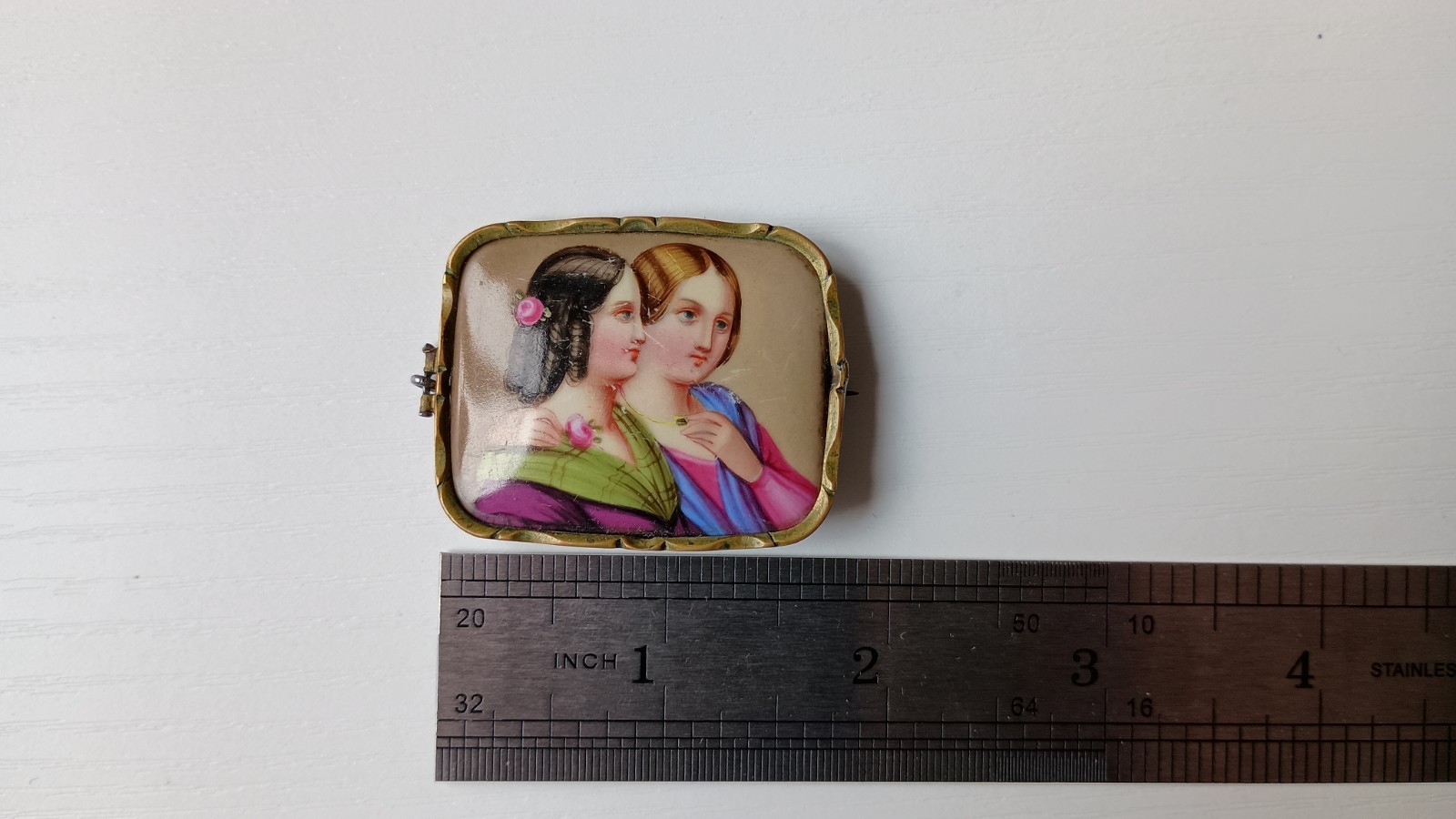 Vintage Portrait Rectangle Gold Tone Brooch, Art Theme