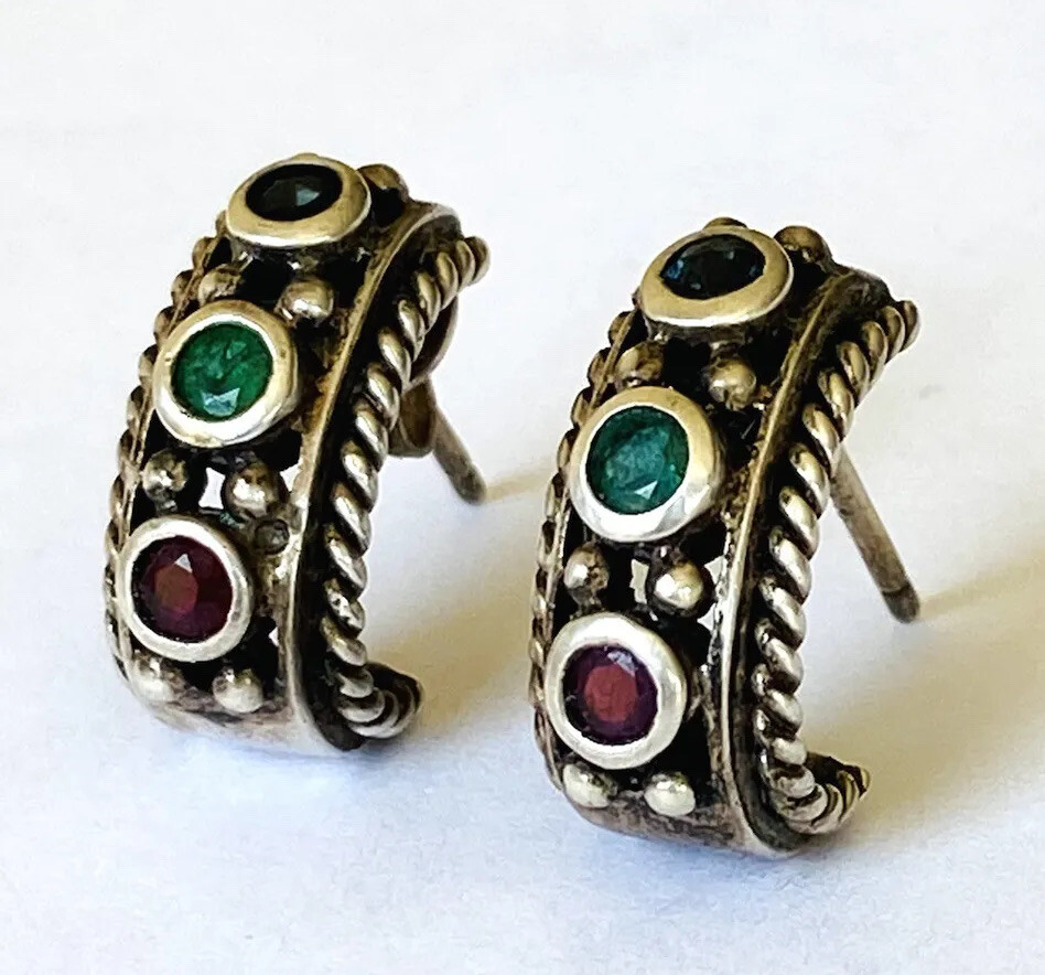 VINTAGE SIGNED STERLING SILVER RUBY EMERALD SAPPHIRE ROPED HALF HOOP EARRINGS
