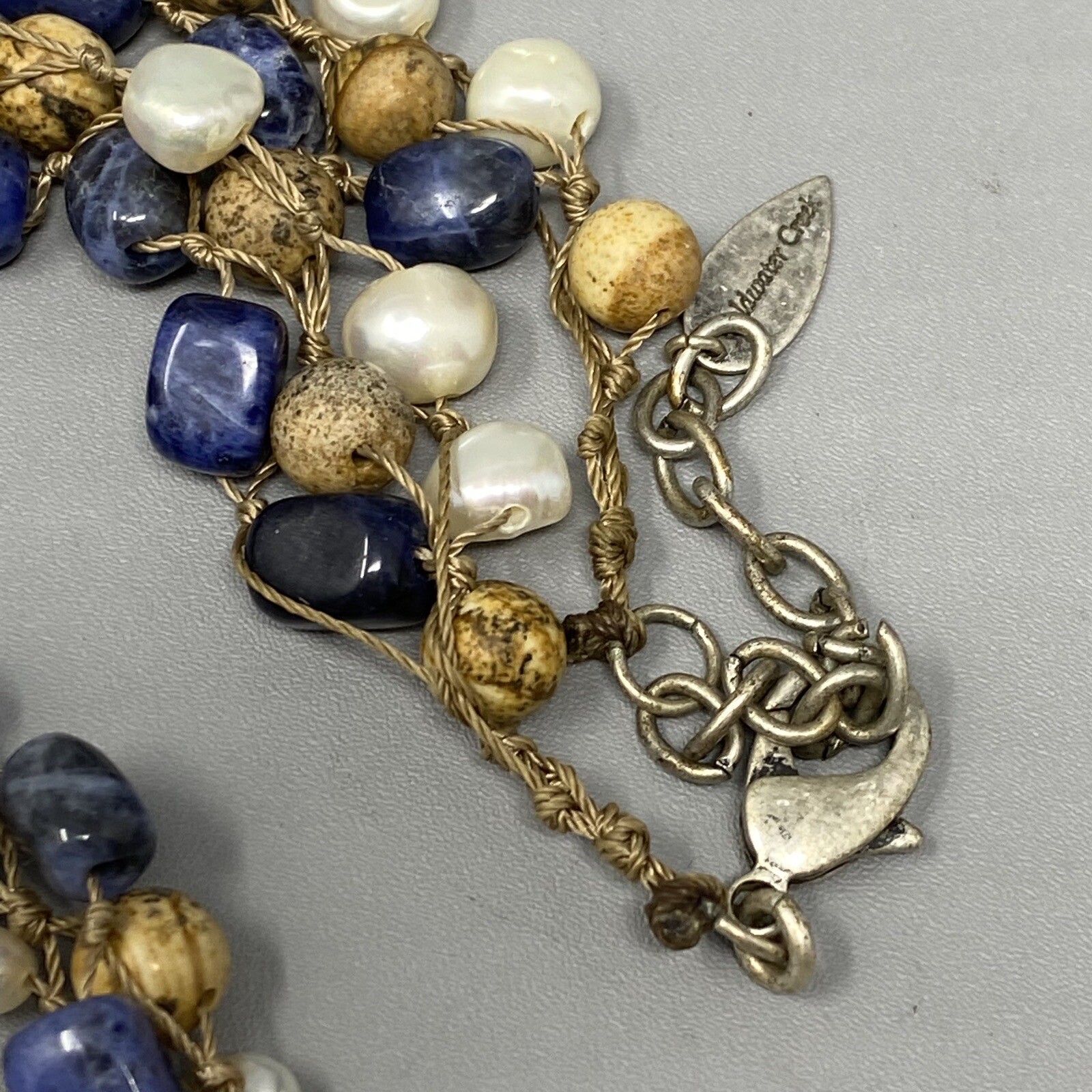 Coldwater Creek Necklace Jasper Sodalite Genuine Pearl Hand Knot Wrap Boho 20″
