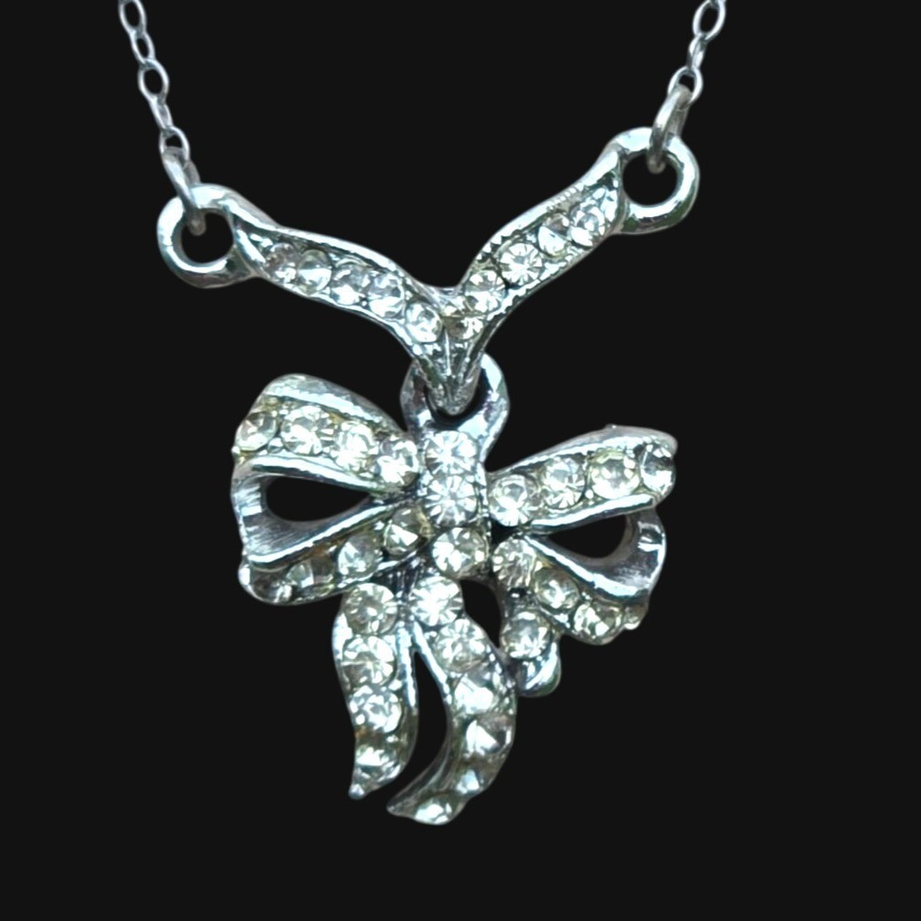 VTG Sterling Silver Bow Pendant Necklace Rhinestones Chain Elegant Jewelry Gift