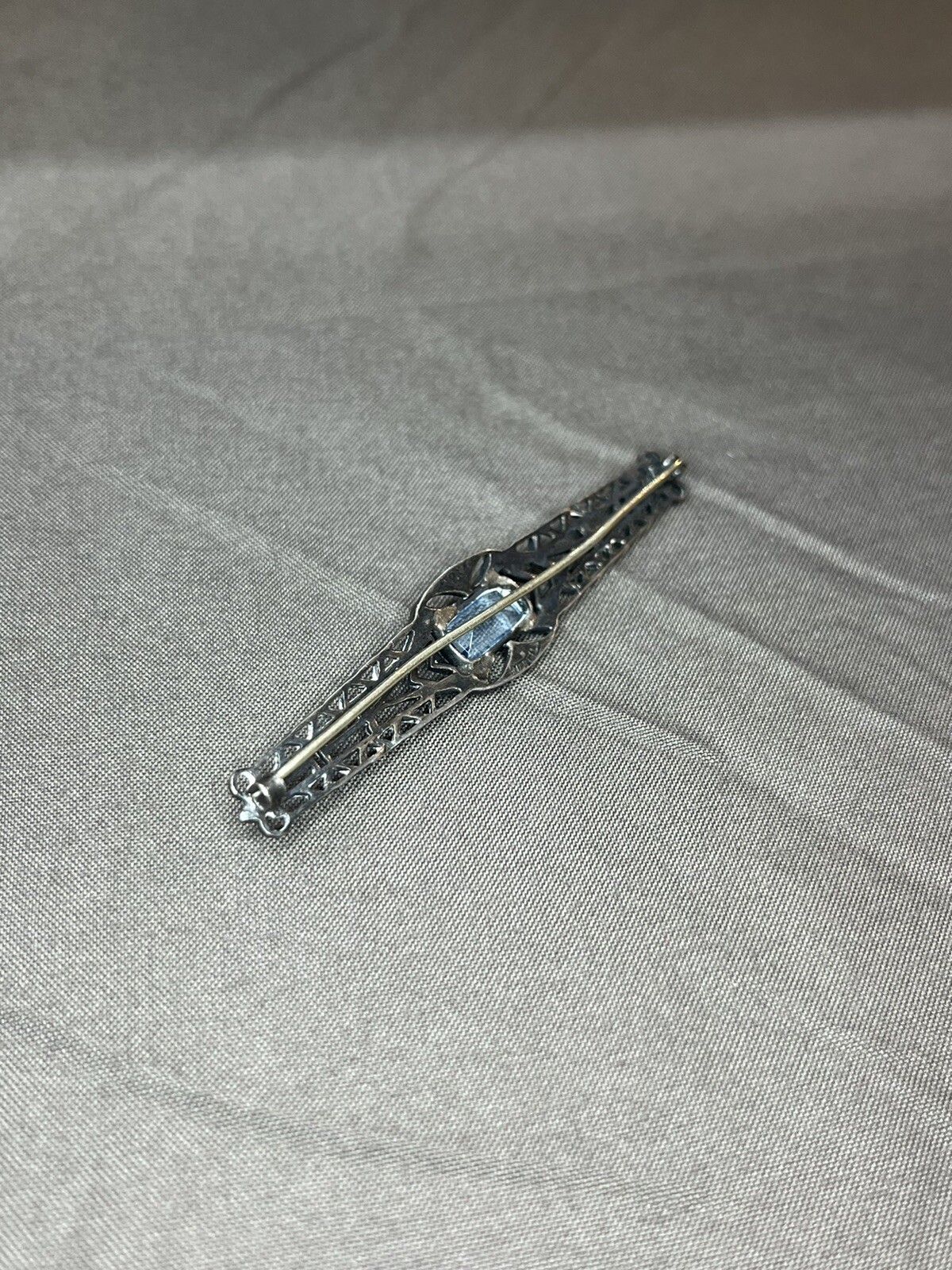 Antique Sterling Silver ART DECO Open Work Bar Brooch Blue Iolite ? & Glass