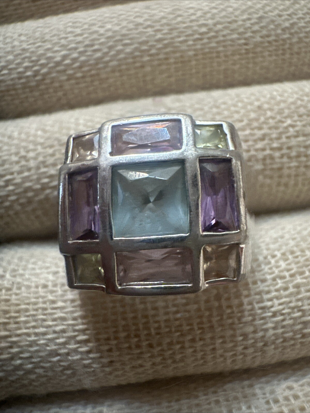 DESIGNER FAS STERLING SILVER PASTEL MULTI COLOR TOPAZ SQUARE CUT RING