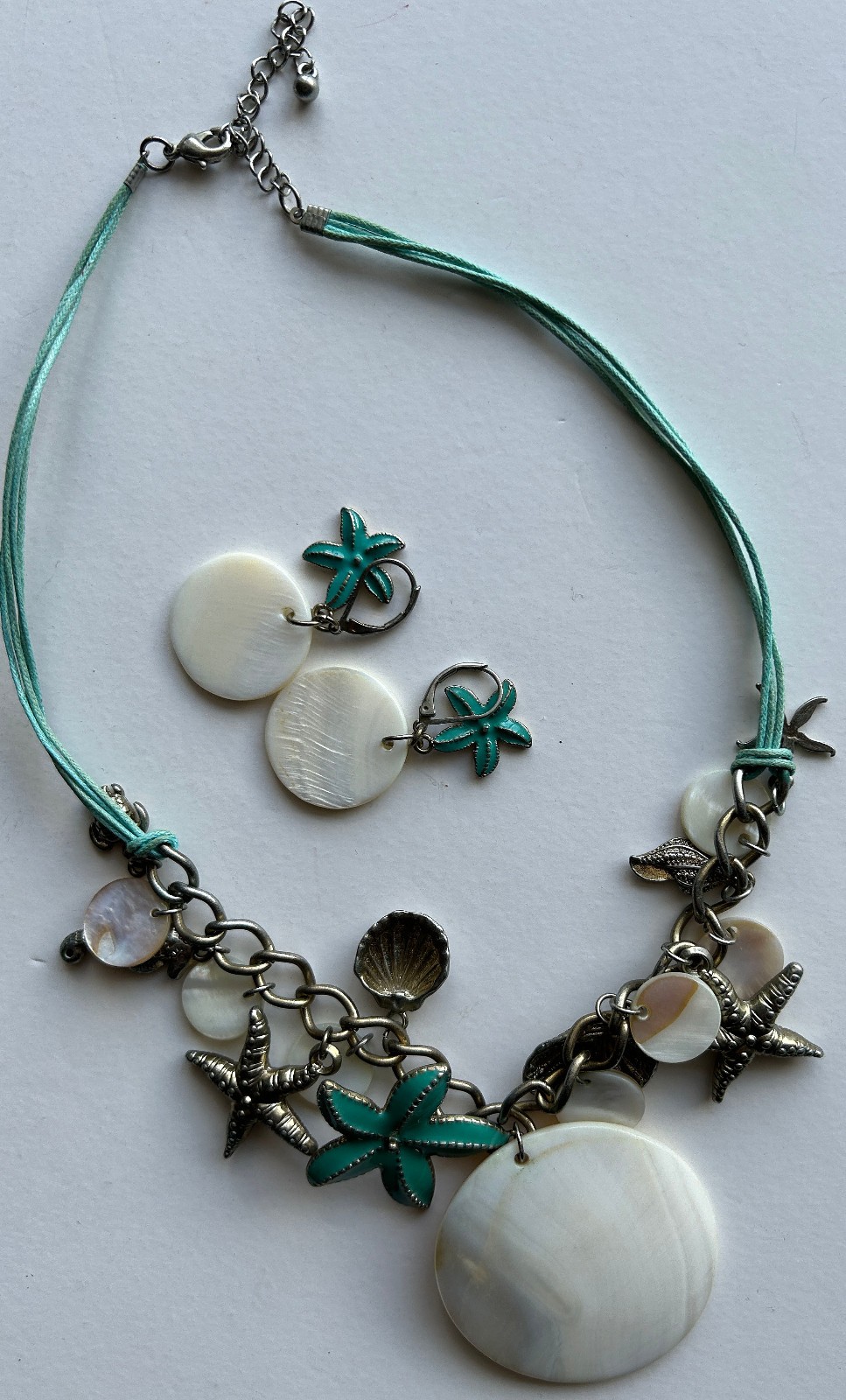Beachy Nautical Statement Necklace 18″ Turquoise Mother of Pearl Starfish