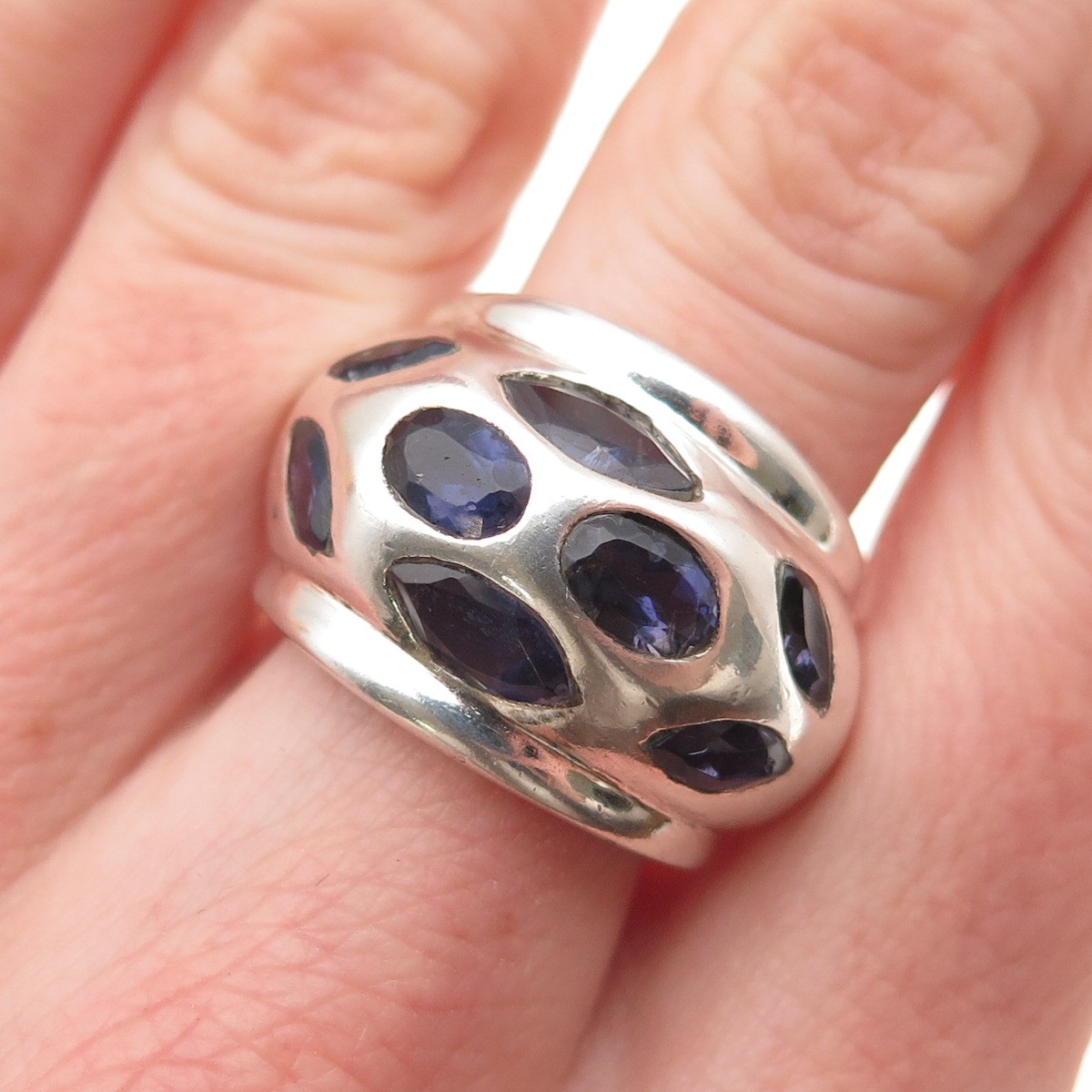 925 Sterling Silver Vintage Real Iolite Modernist Dome Ring Size 8