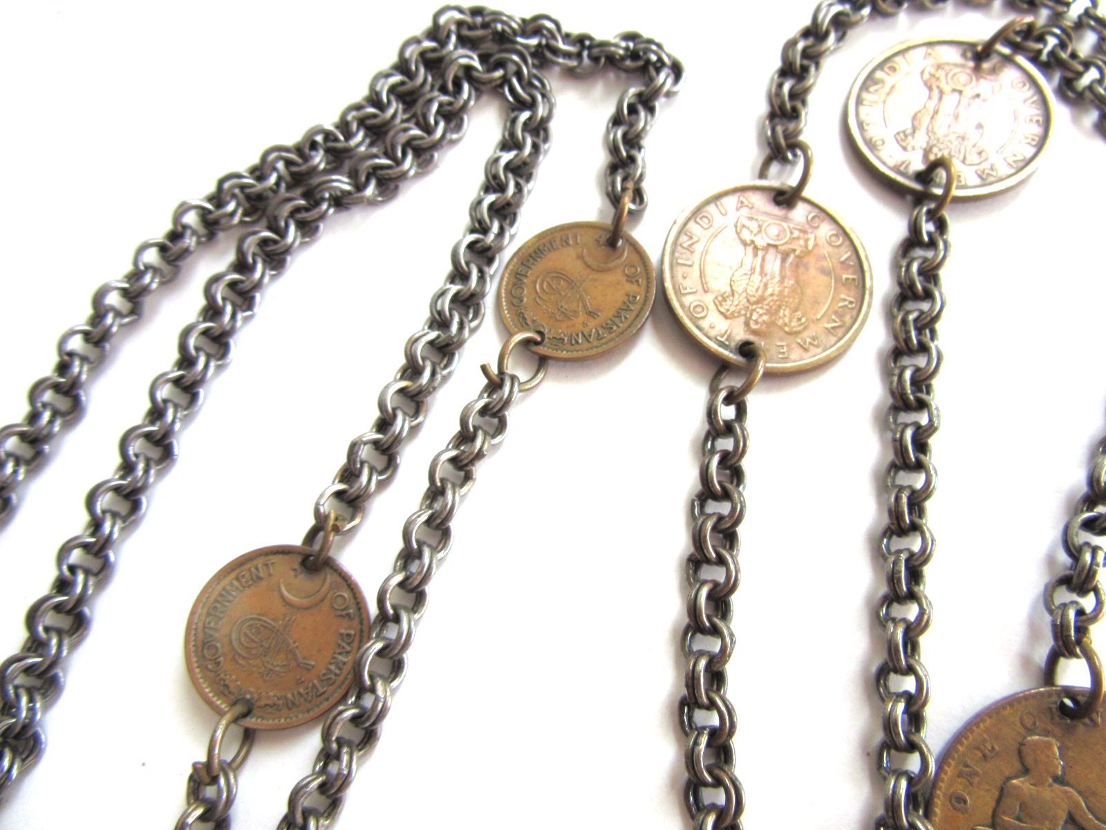 Vintage Travel 1950s Coins stations 54″ long chain necklace with 11 coins