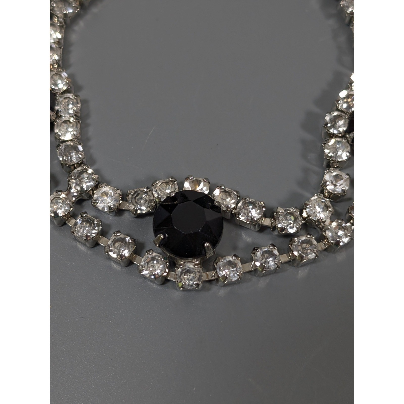 Vintage Black Clear Rhinestone Bracelet Silver Tone Glass Stones 7 Inch