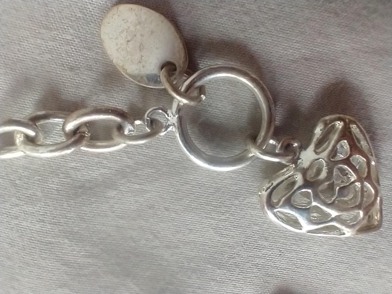 7″VINTAGE FILIGREE PUFF HEART TOGGLE BRACELET~SILVERTONE~UNSIGNED~1/4″W~RUSTIC