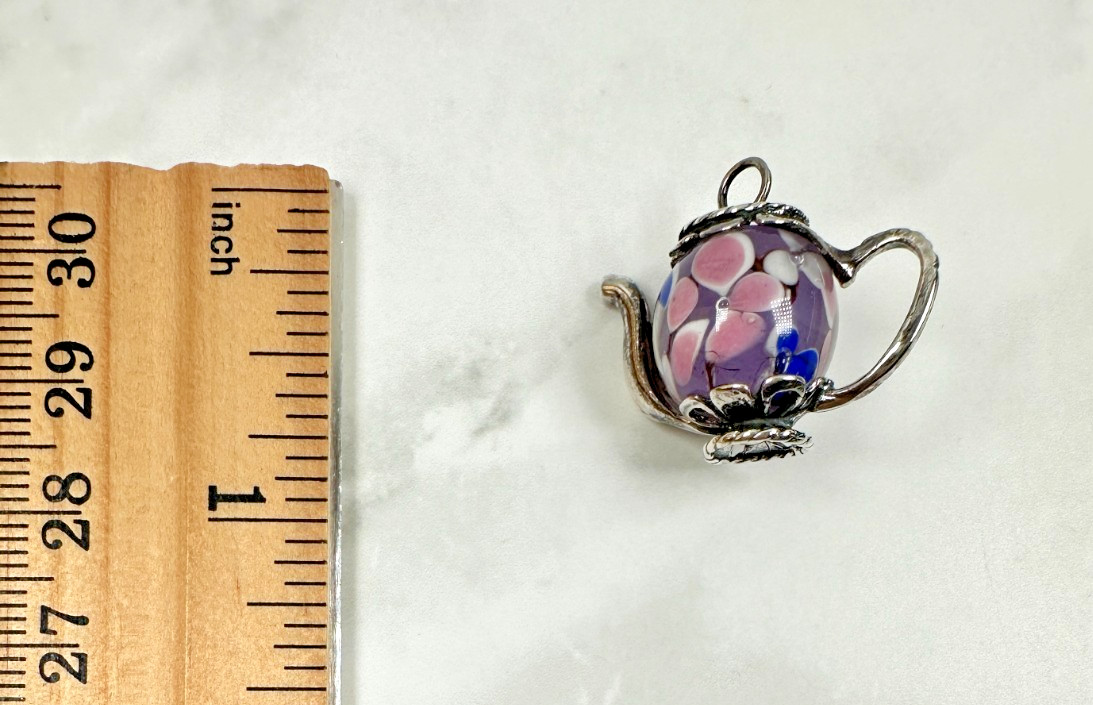 Sterling Silver Floral Pink, Purple, Blue Enamel Mini Teapot Charm – 3/4″