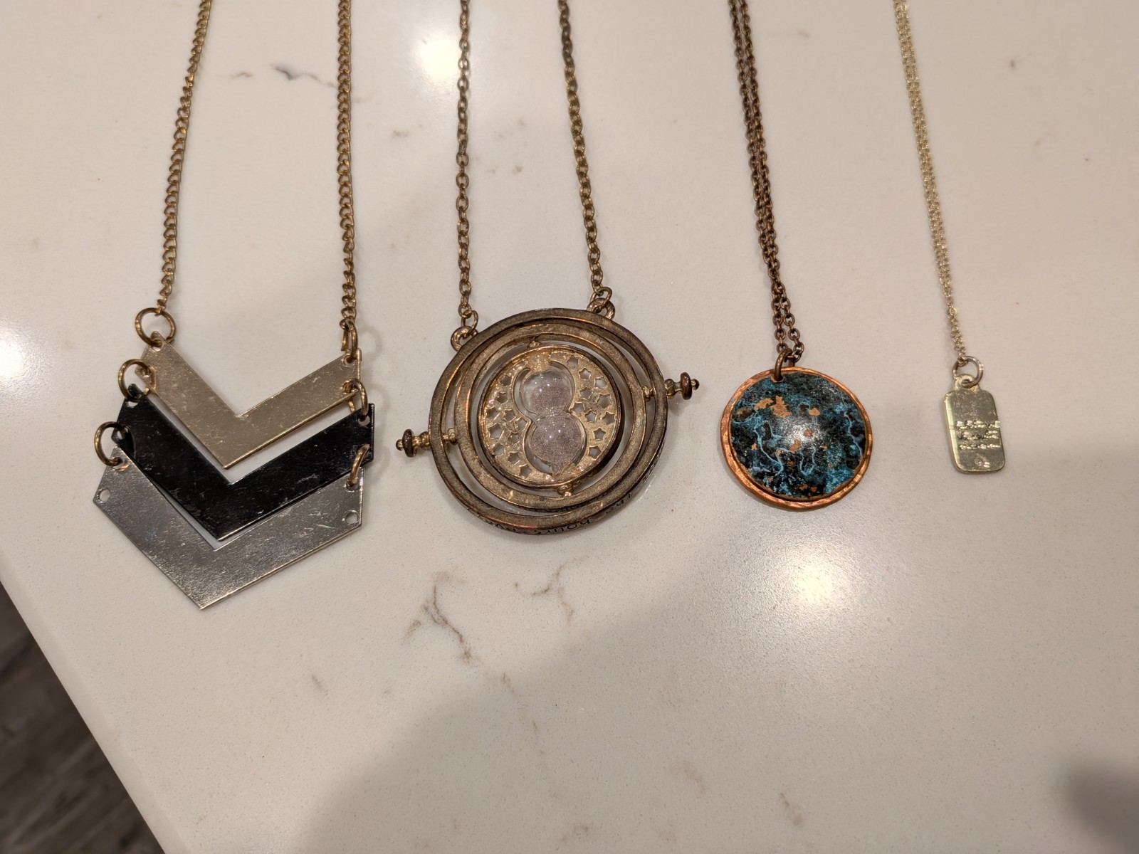 Lot of 4 Statement Necklaces | Chevron Geometric, Time Turner Style – Gold Tone