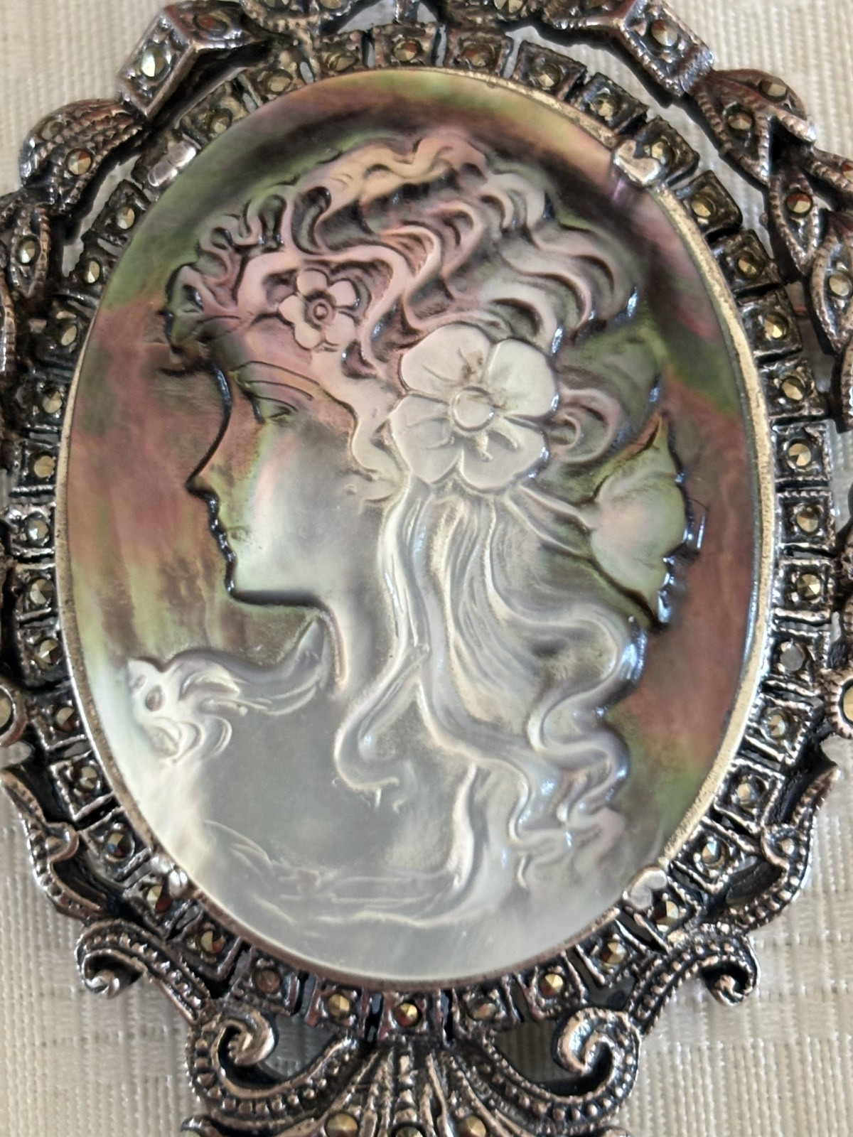 Antique German Art Deco 925 Sterling Silver Marcasite Cameo Brooch Pendant 33.2g