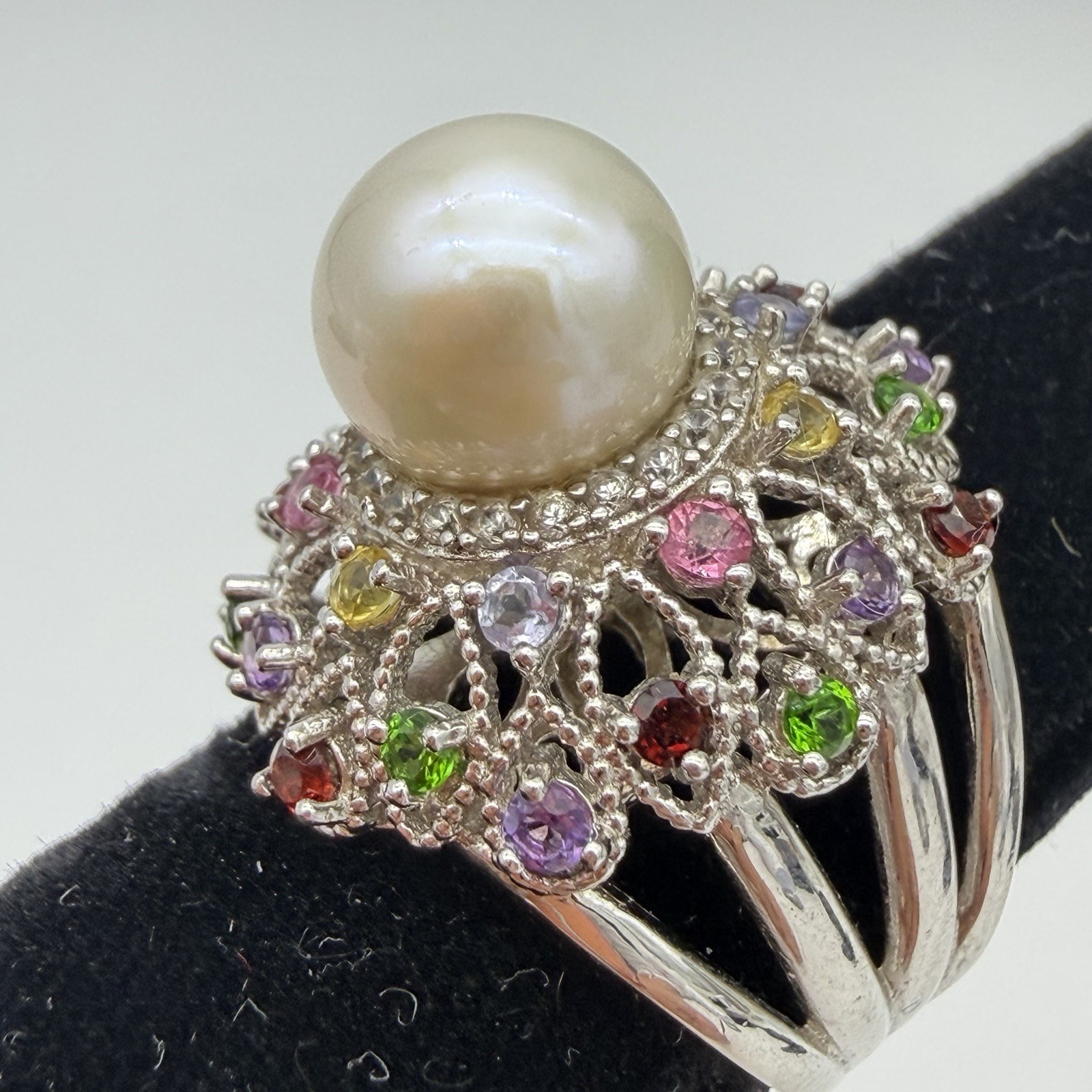 Vtg JZ Sterling Silver Pearl Gemstone Princess Ring Garnet Period Size 6 QVC