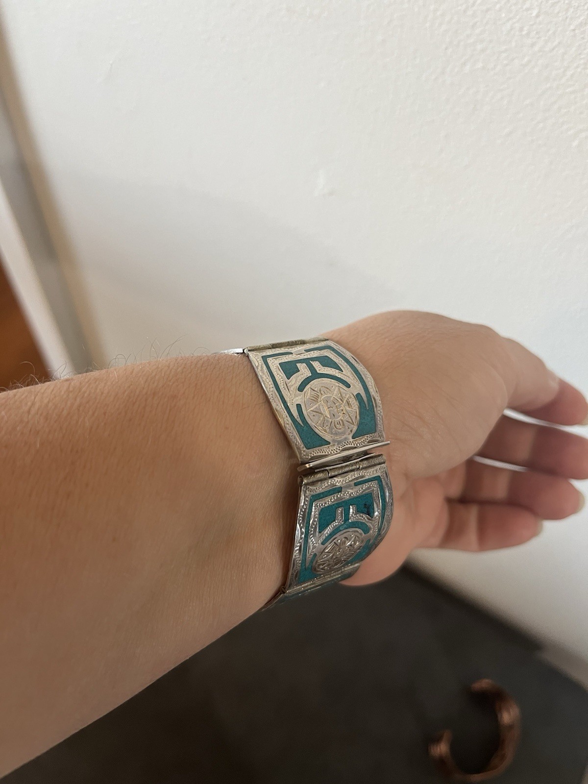 Bell Solid Copper Sterling 925 Joy Mex Turquoise Inlay Aztec Cuff Bracelet Vtg