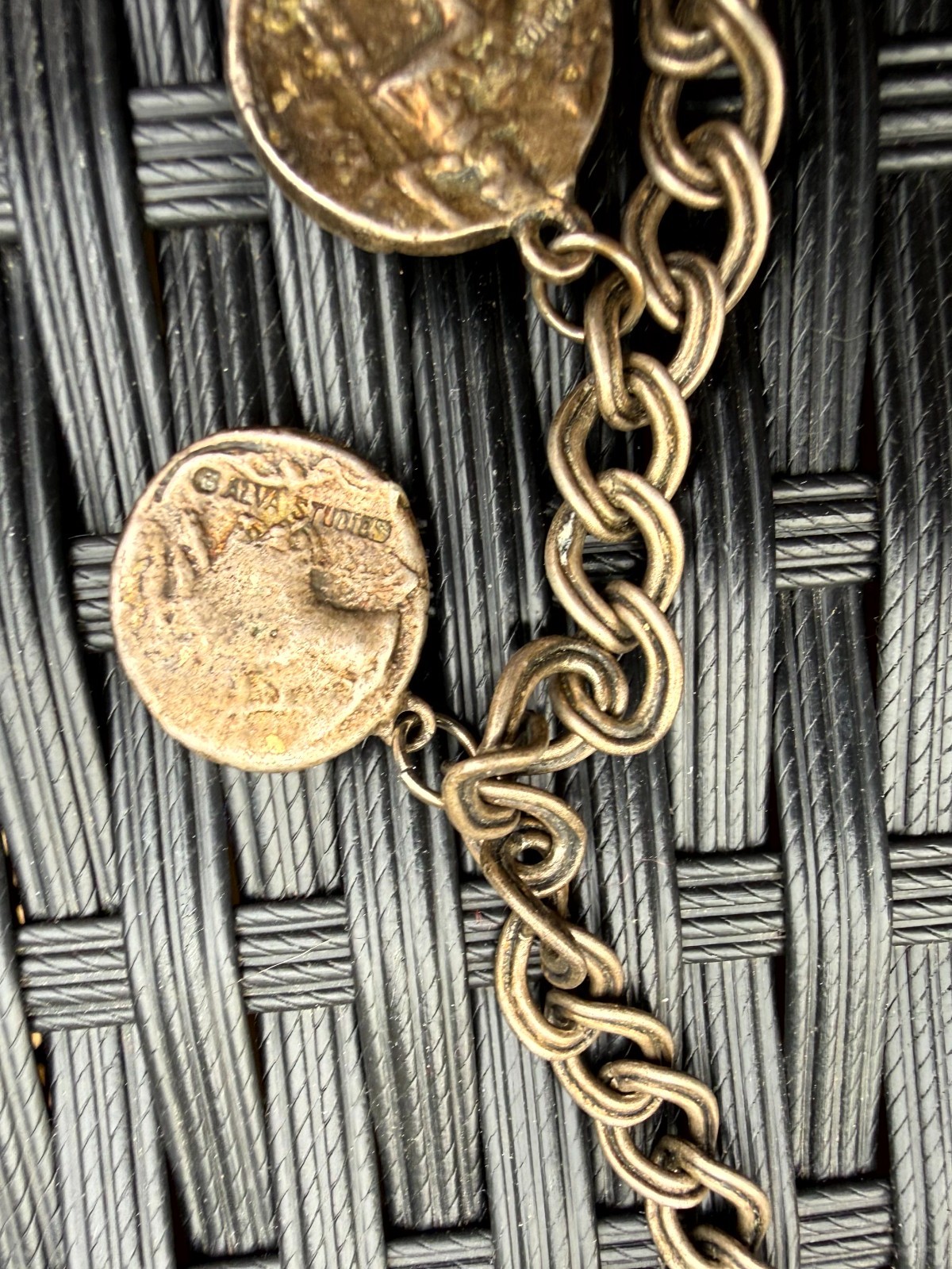 Vintage Alva Studios Gold-Tone Coin Bib Necklace Chunky Chain Statement Pendant