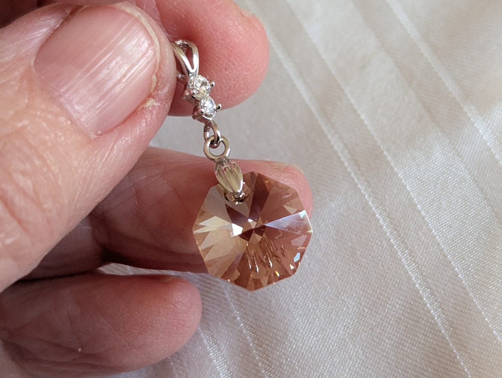 White gold plated pendant cz champagne glass prism 1″ long